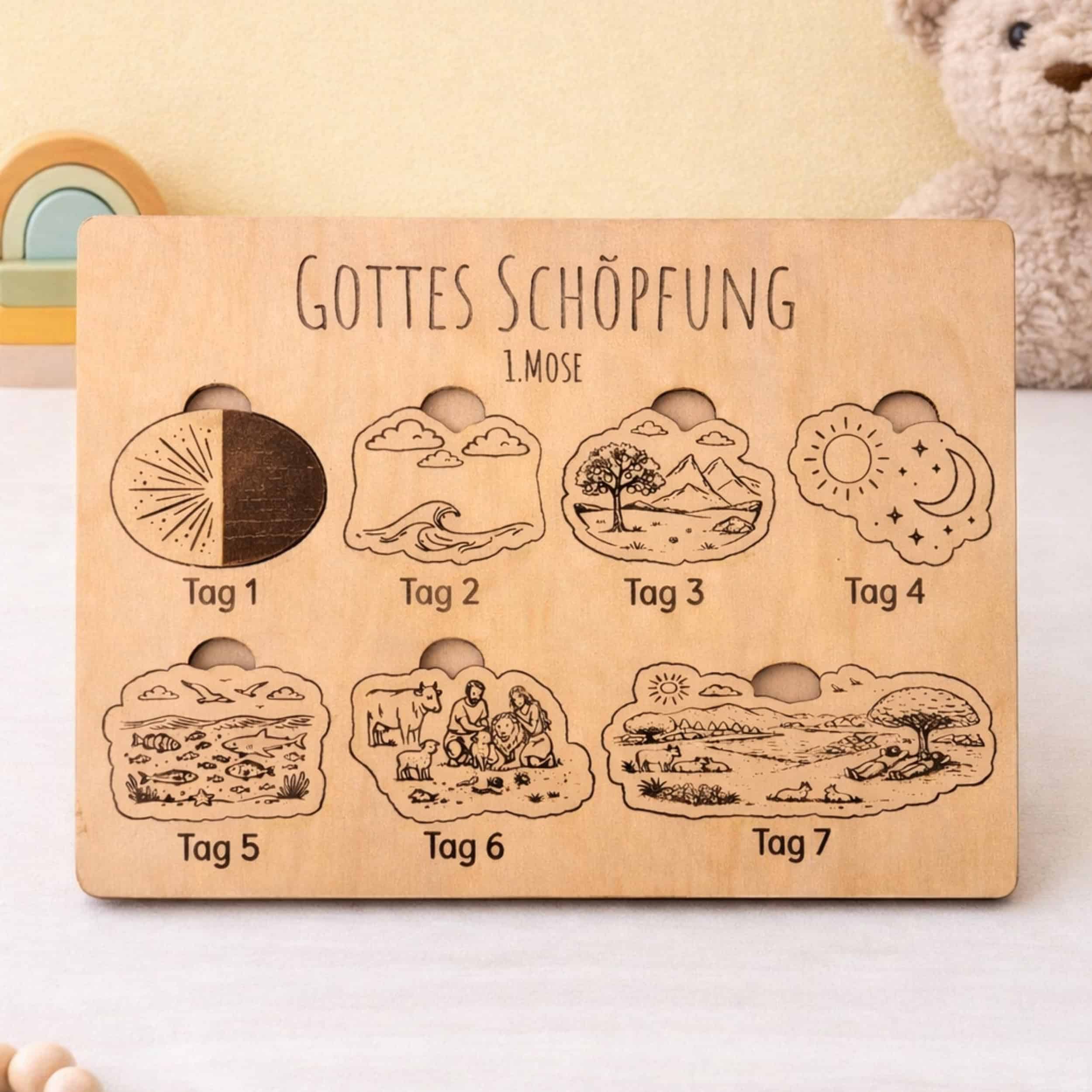 Bibelpuzzle - Schöpfungsgeschichte 1 Gottes Schöpfung Bilderrahmen mit biblischer Darstellung für Kinder, christliches Dekor.