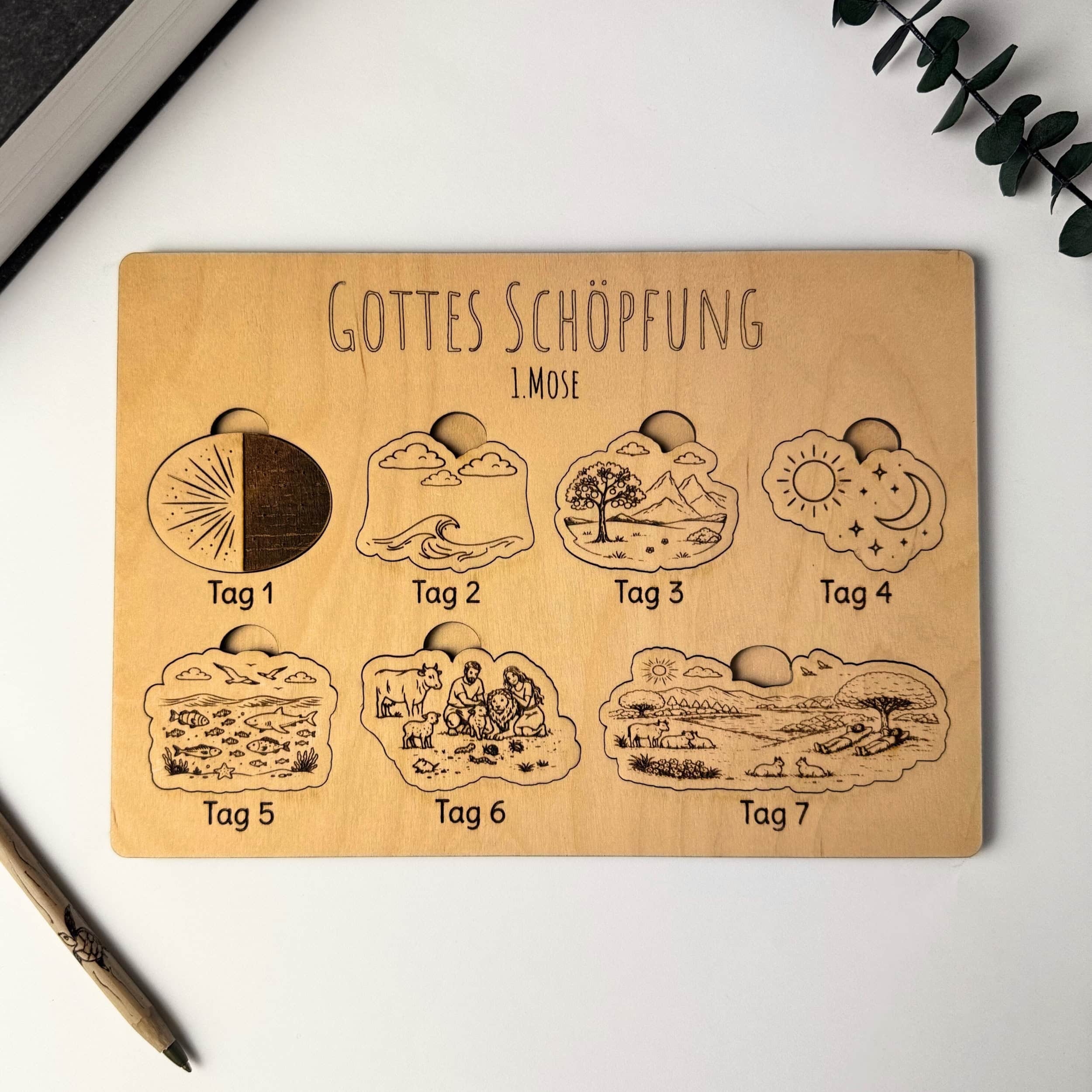 Bibelpuzzle - Schöpfungsgeschichte 6 Gottes Schöpfung Holzpuzzle mit Tagebildern für Christen, biblisches Lernspiel.
