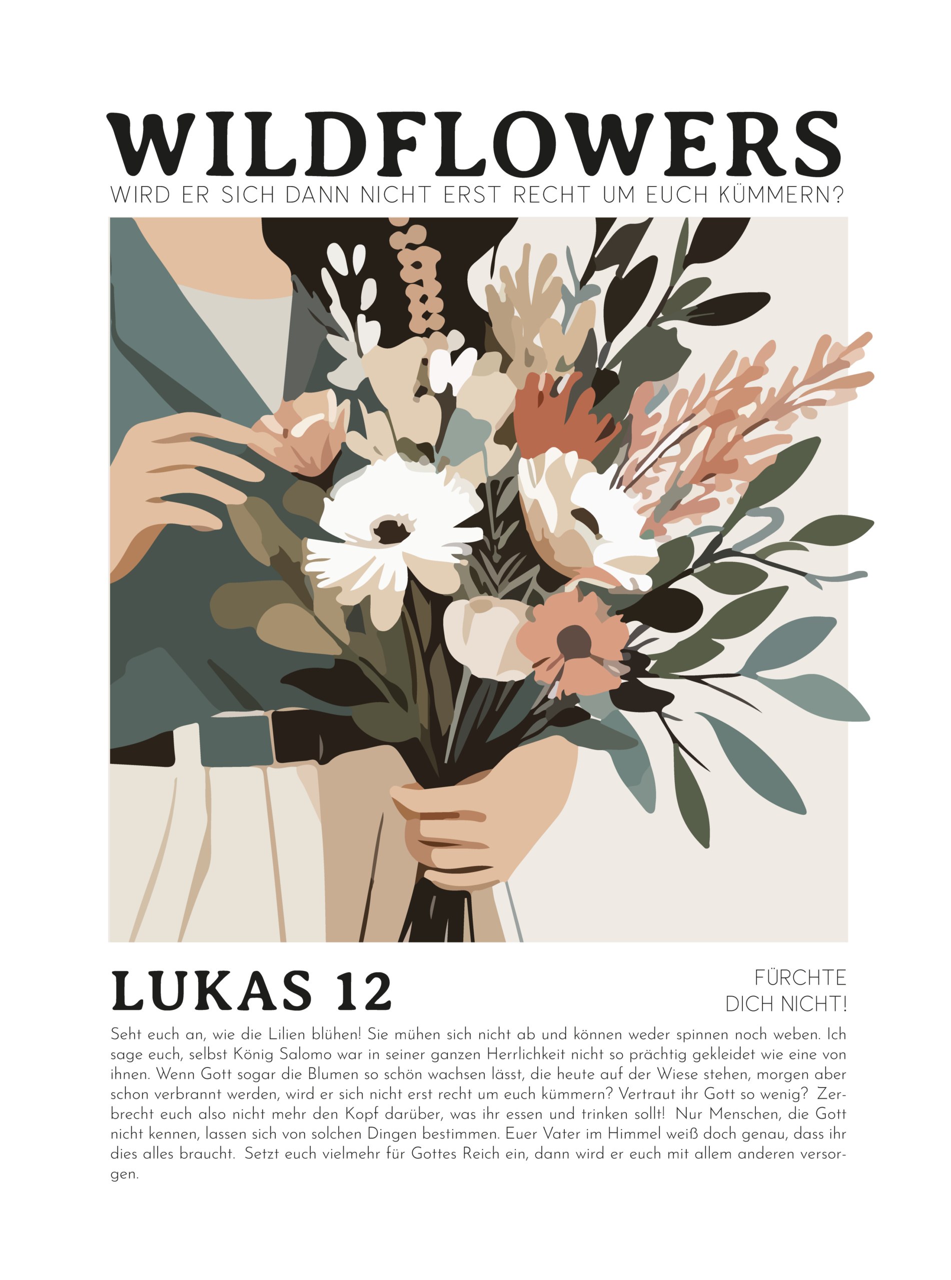 Poster »wildflowers« 12 Blumenstrauß mit Wildblumen und christlichem Zitat, Lukas 12, für Christen.
