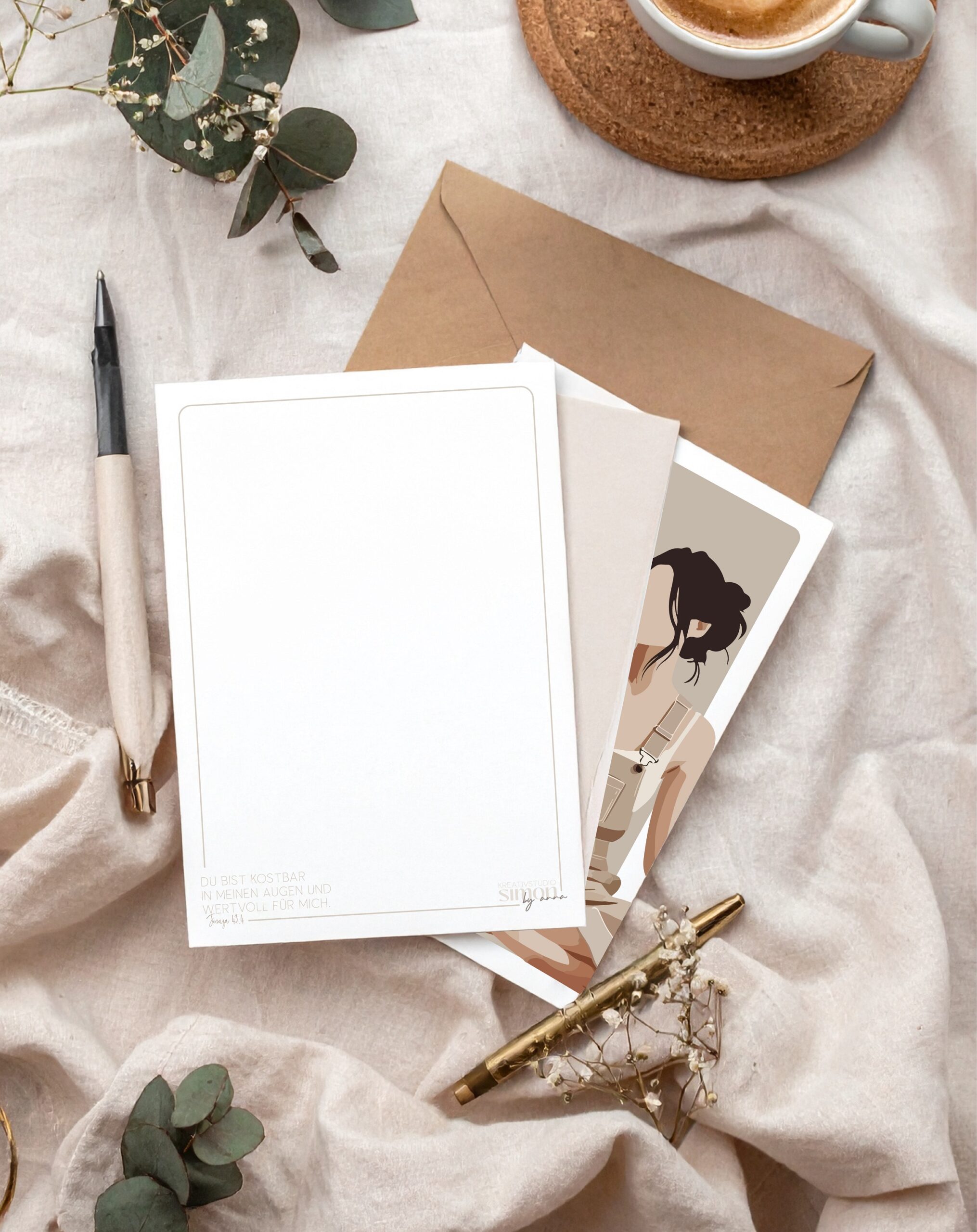 Postkarten-Set »Gottes Zusagen« 15 Einladungskarten, Briefumschlag, Stift, Kaffee, Eukalyptus, kreative Schreibwaren, Geschenkideen.