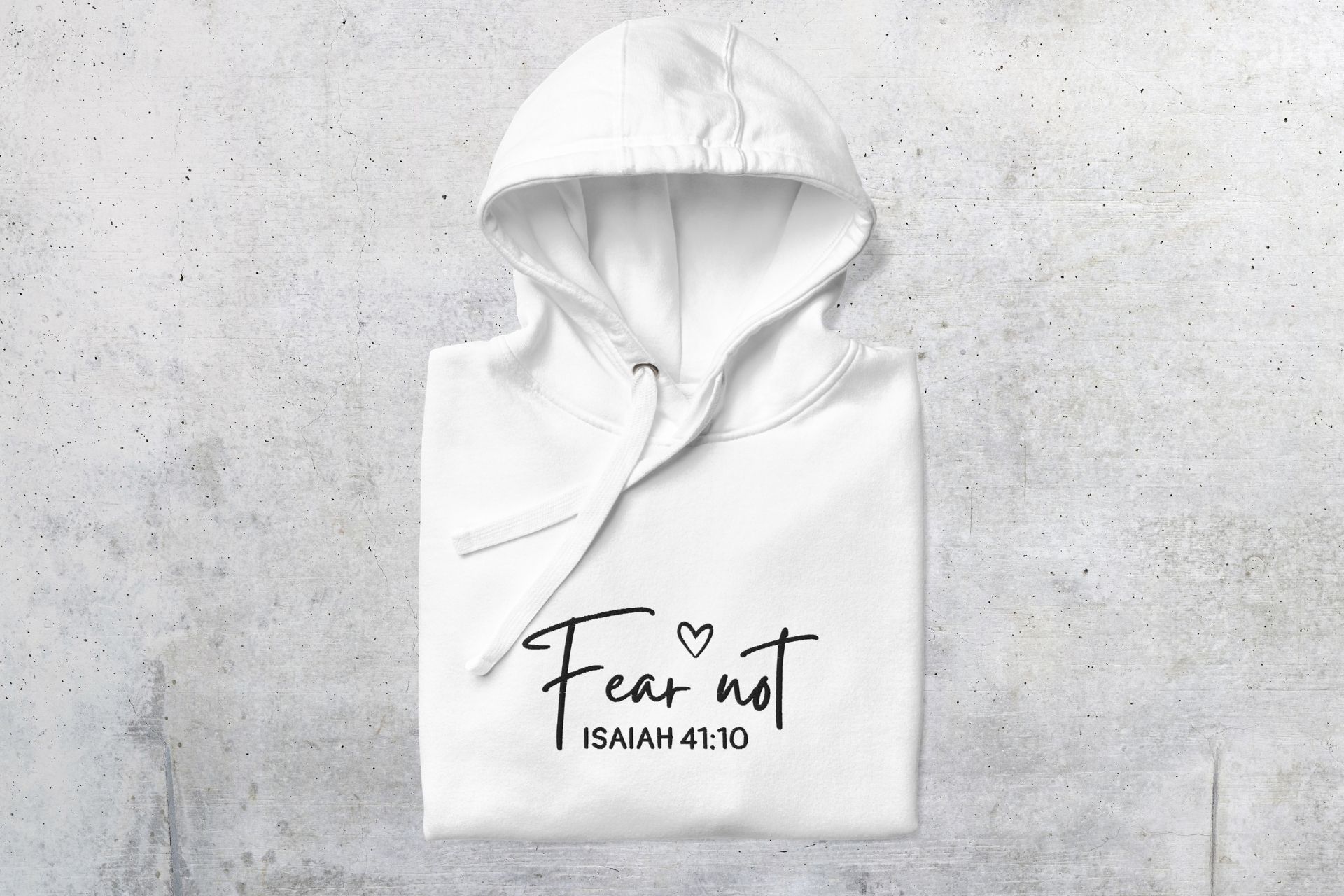 Fear Not for I am with you - bestickter Hoodie Unisex 14 Eine weiße Kapuzenjacke mit Bibelvers Isaiah 41:10, christliche Mode, Glaubensbekleidung.