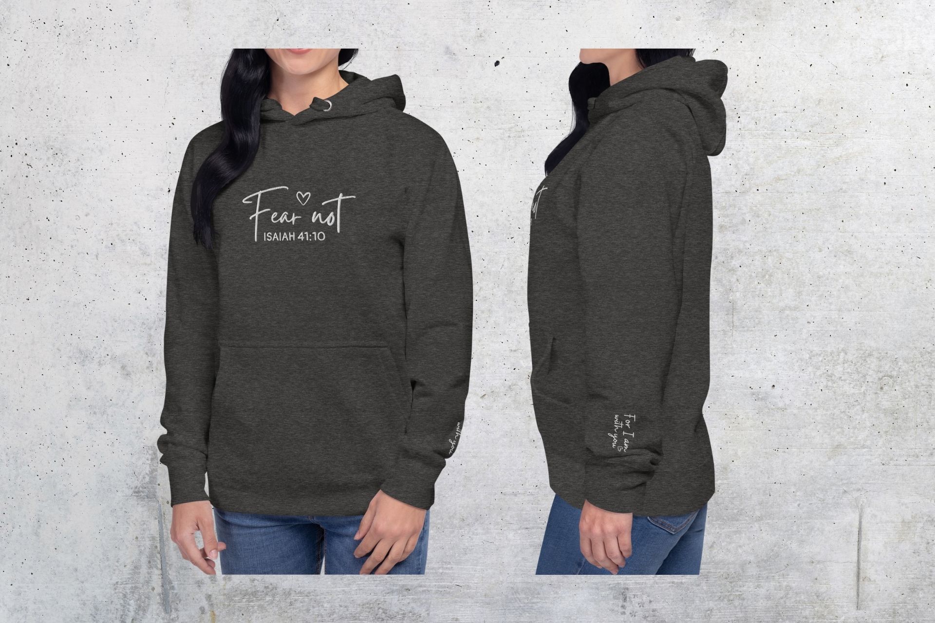 Fear not Hoodie mit christlichem Motiv, bequemer Pullover für Christen, dunkles Grau.