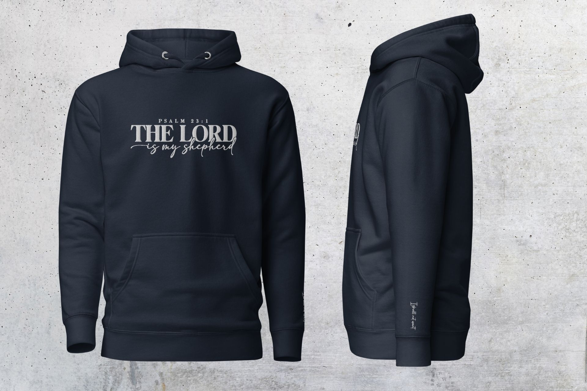 The Lord is my shepherd Psalm 23 bestickter Hoodie Unisex 15 Psalm 23 Hoodie mit Bibelvers, christliches Design, bequemer Kapuzenpullover, dunkle Farbe.