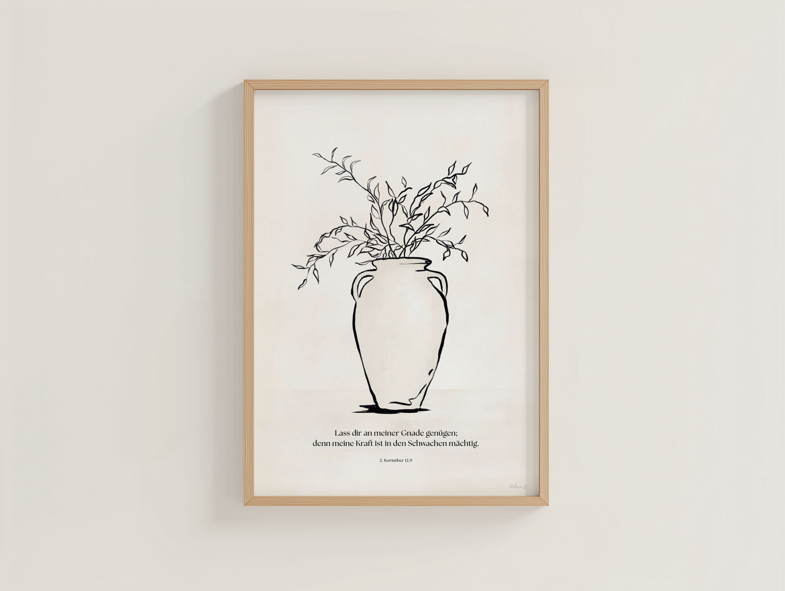 Linienskizze eines Blumenvasen-Designs mit Zweigen und Blättern, minimalistischer Kunststil.