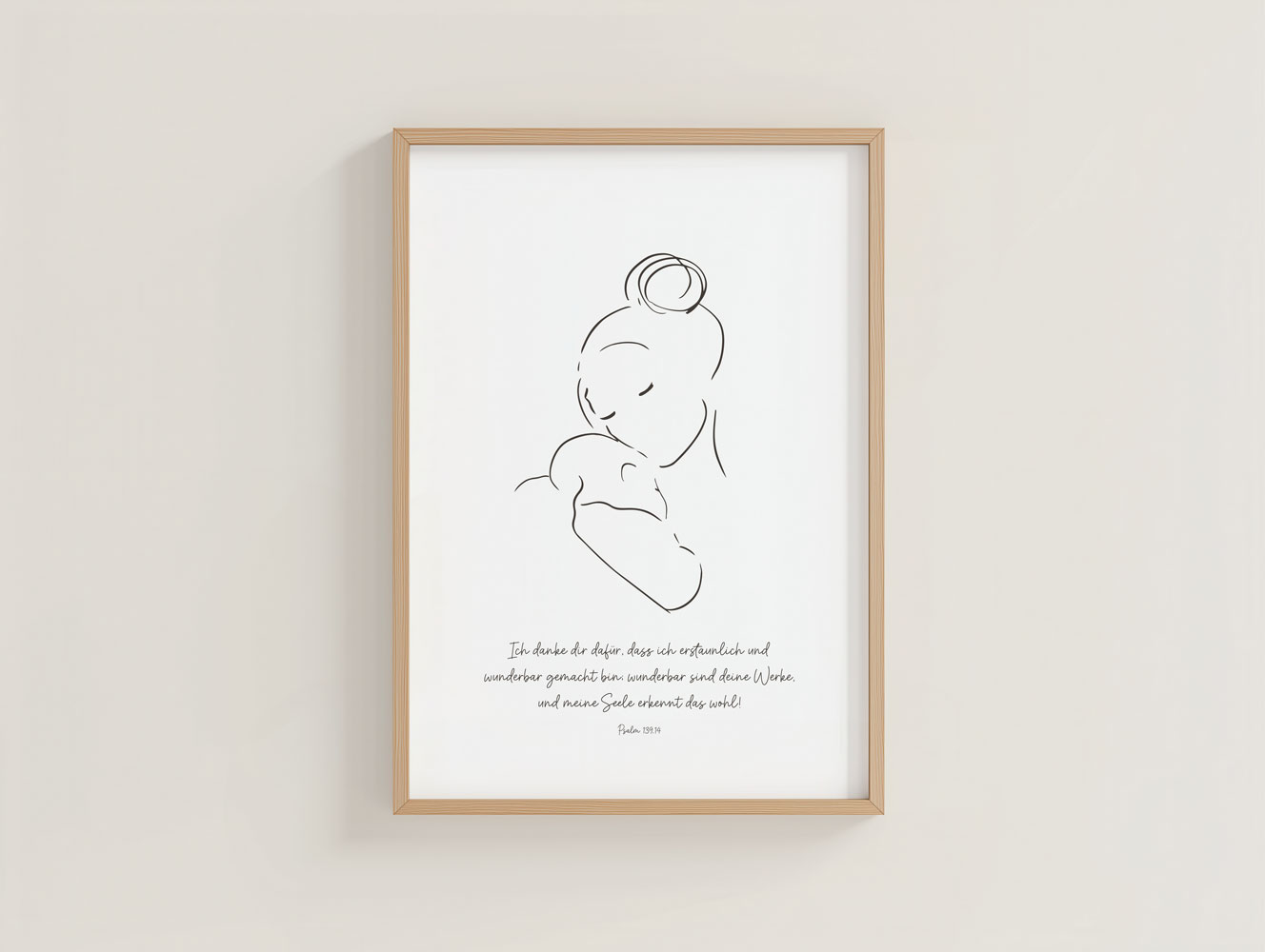 Minimalistische Illustration einer Mutter, die ihr Baby liebevoll hält, mit Zitat.