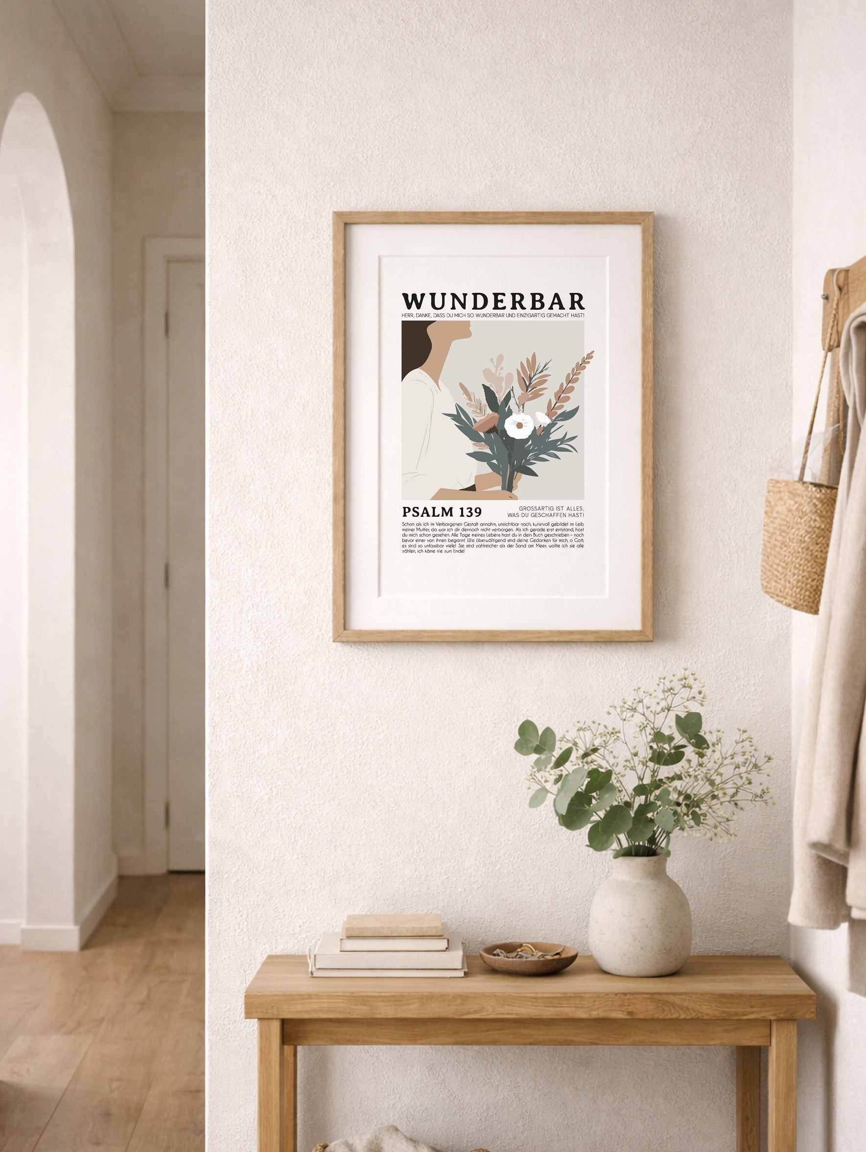Poster »wunderbar« 8 Ein stilvolles Wandbild mit Bibelvers Psalm 139 in einem modernen Zuhause.