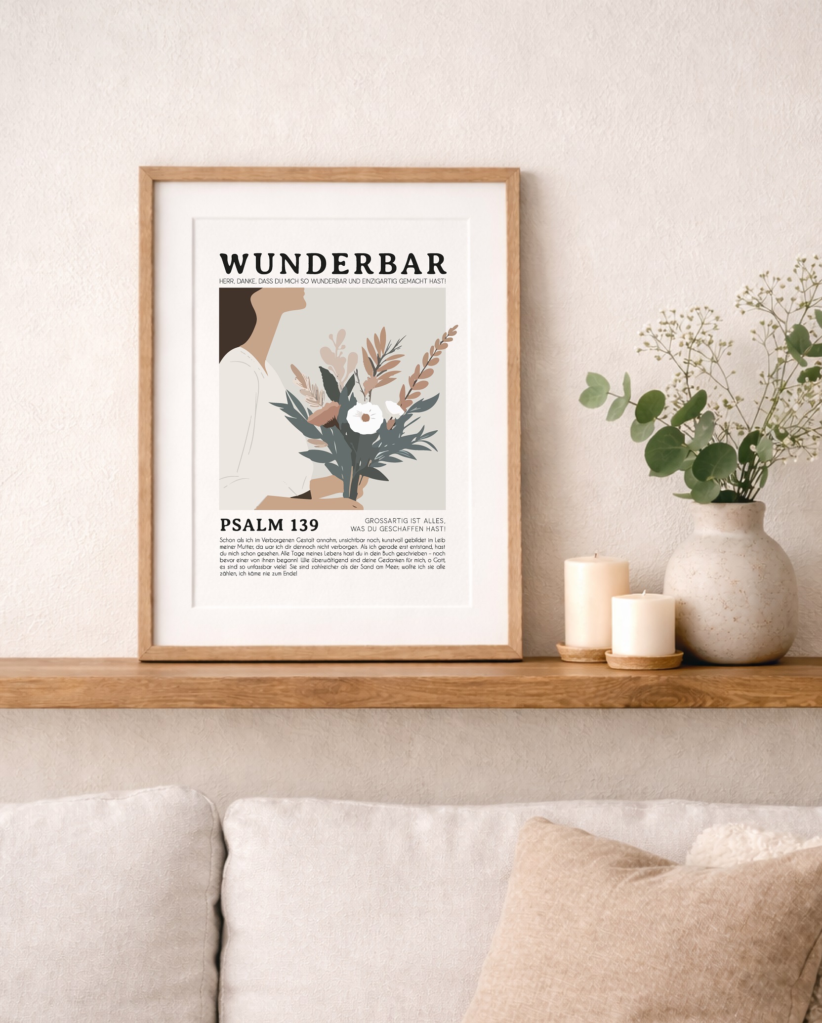 Gottesdienst Poster mit Psalm 139 und Blumen, christliche Dekoration im Wohnzimmer.