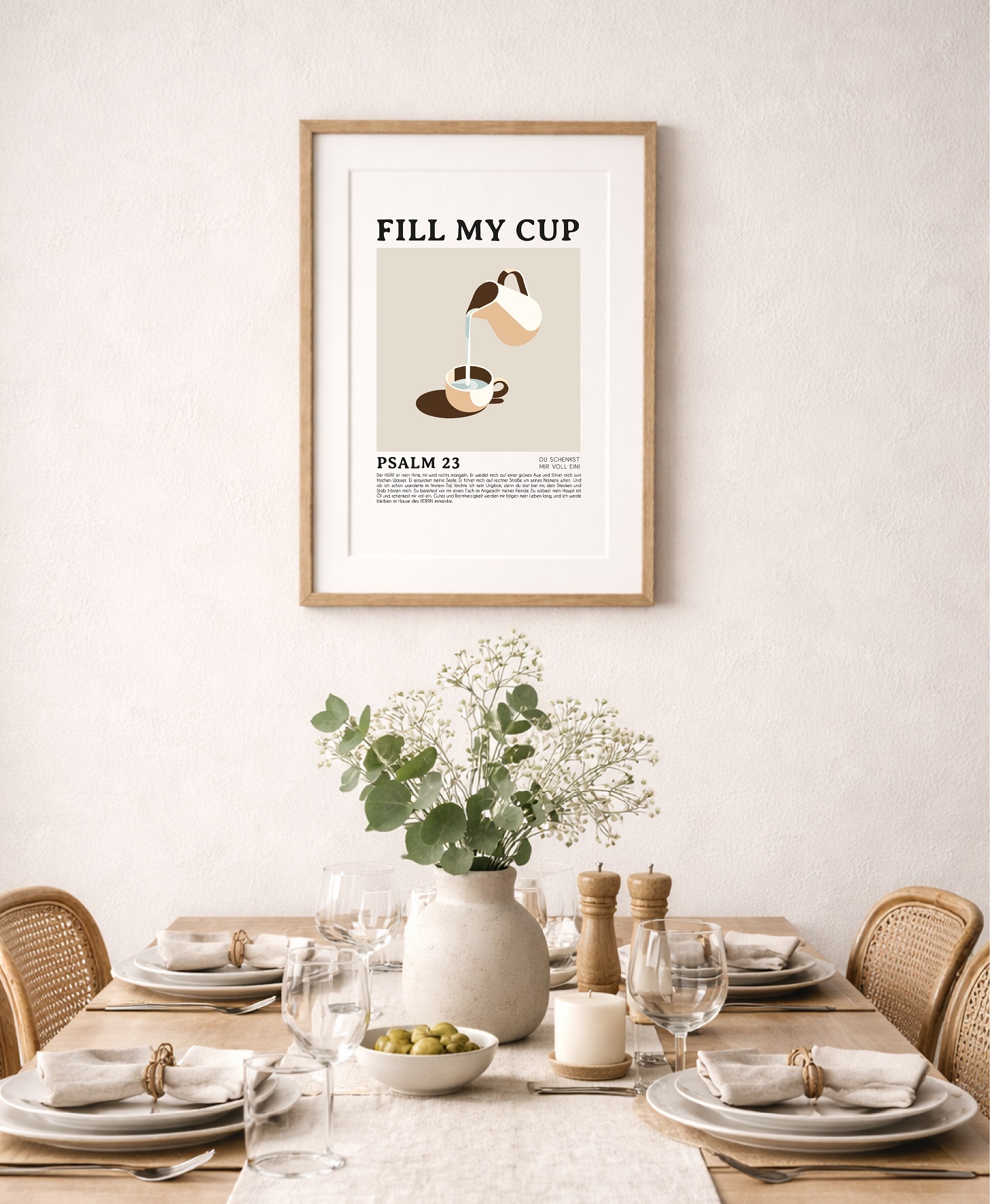 Poster »fill my cup« 14 Gedeckter Esstisch mit Blumen, Kerzen und Geschirr, christliche Dekoration im Esszimmer.