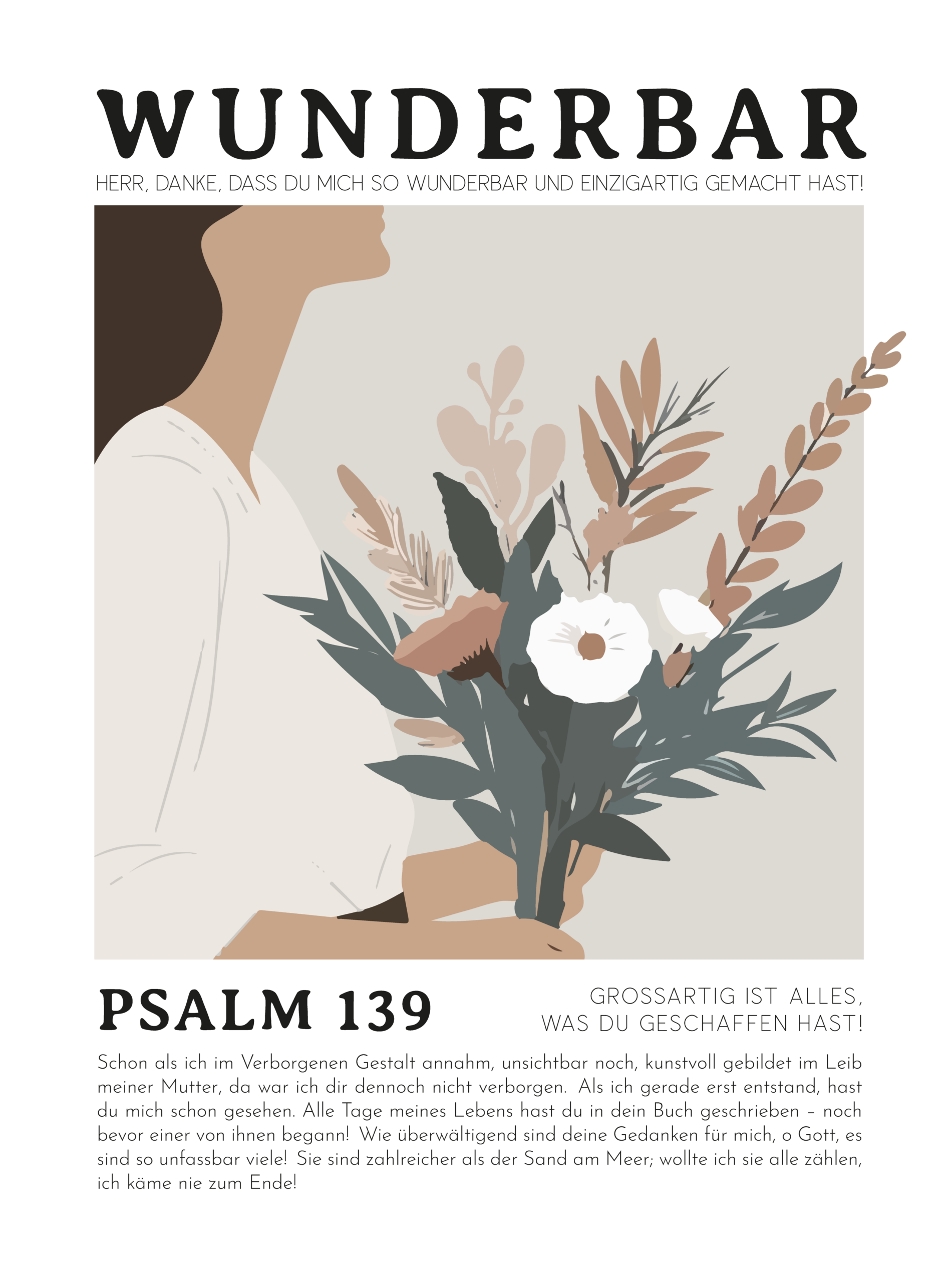 Poster »wunderbar« 9 Bibelvers Psalm 139 mit Blumenstrauß, christliche Inspiration, Dankbarkeit.