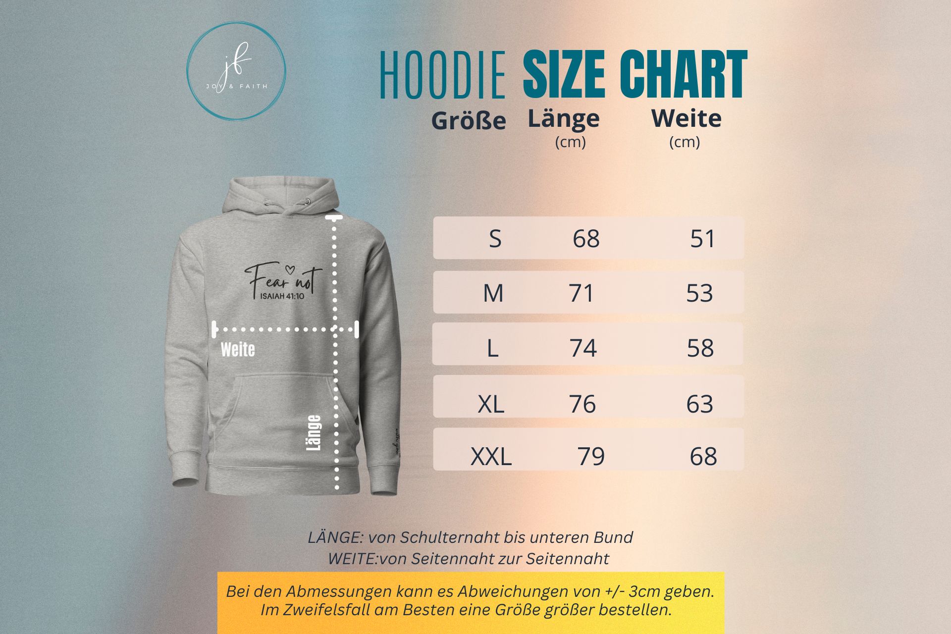 Fear Not for I am with you - bestickter Hoodie Unisex 17 Hoodie Größentabelle mit Größenangaben und Maßen in cm, christliche Mode, Mookho.de.