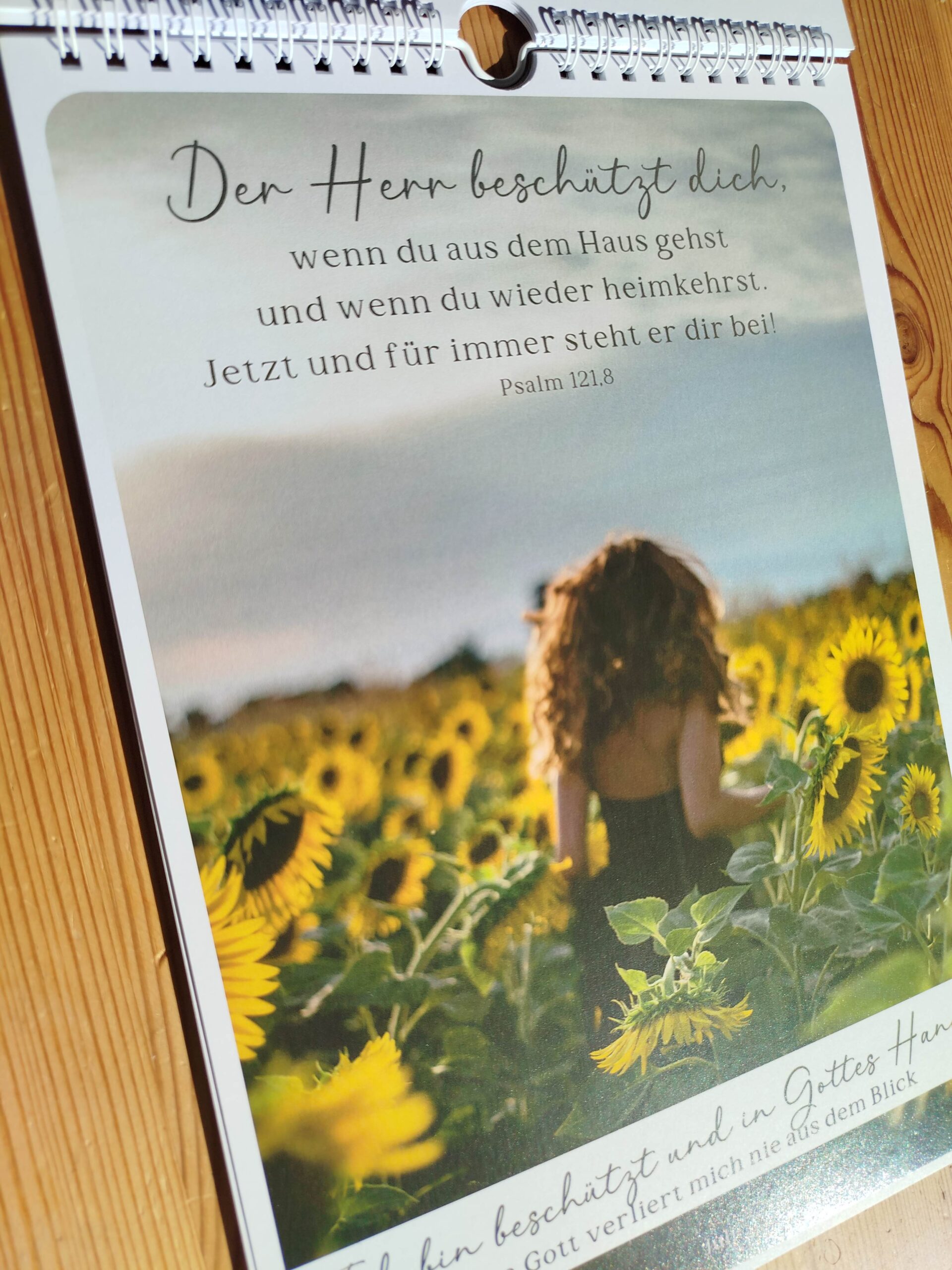 Ermutigungskalender für Teeniemädchen 6 Der Herr beschützt dich im Sonnenblumenfeld, Bibelvers Psalm 121,8, christliche Inspiration.