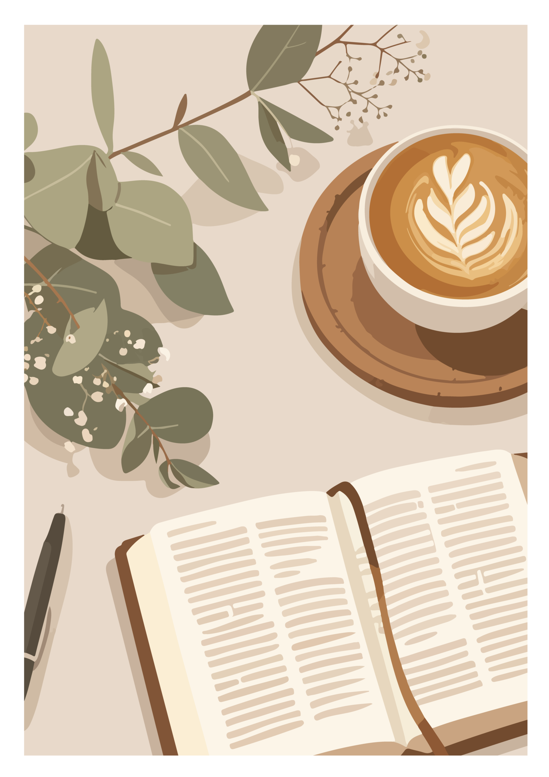 Posterset »small reminder« 14 Eine Tasse Kaffee mit Herzmuster, offenem Buch und Pflanzen auf einem Tisch, gemütliche Atmosphäre.