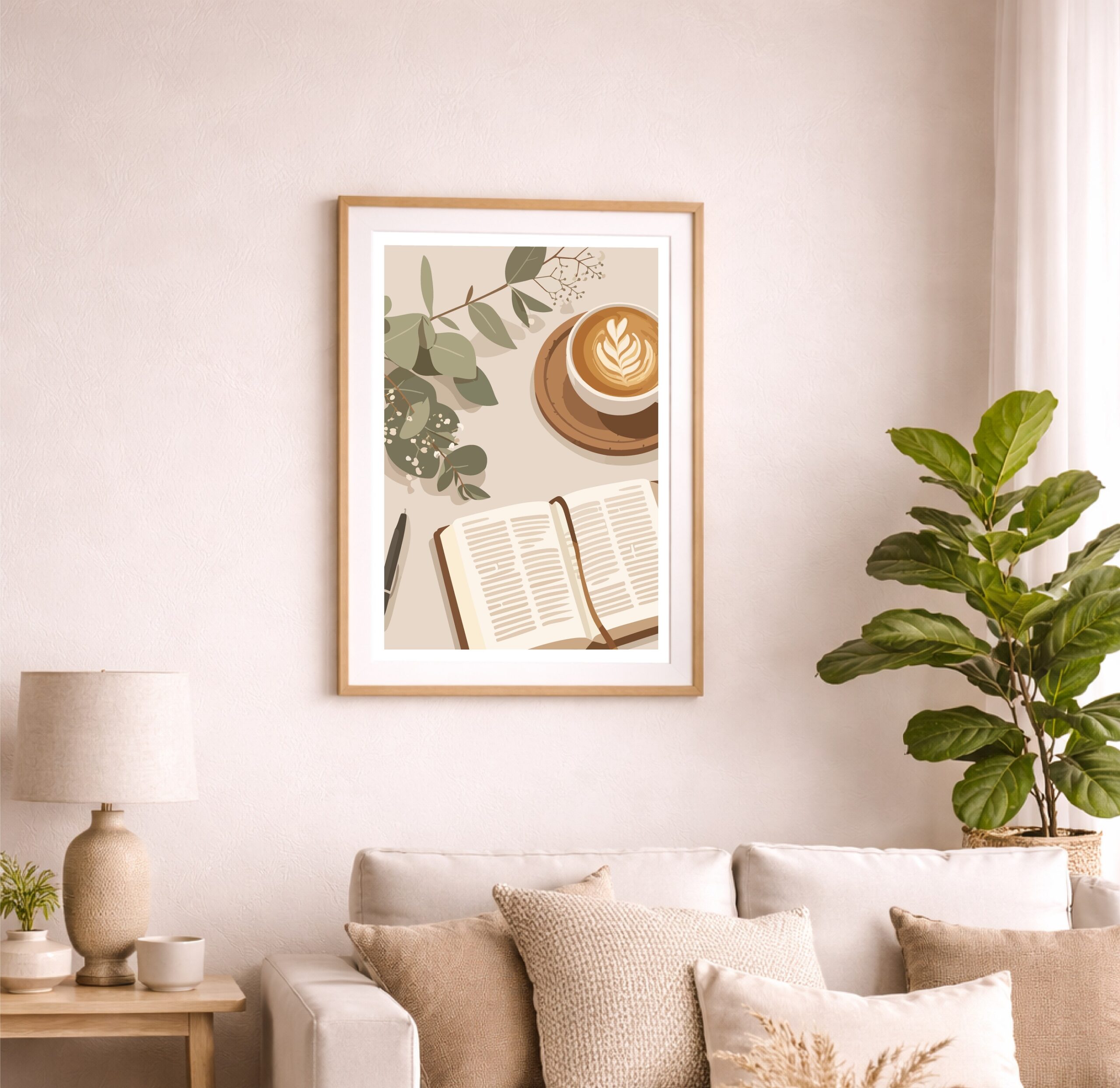 Posterset »small reminder« 12 Kunstdruck mit Bibel, Kaffee und Pflanzen im modernen Wohnzimmer, christliche Dekoration.