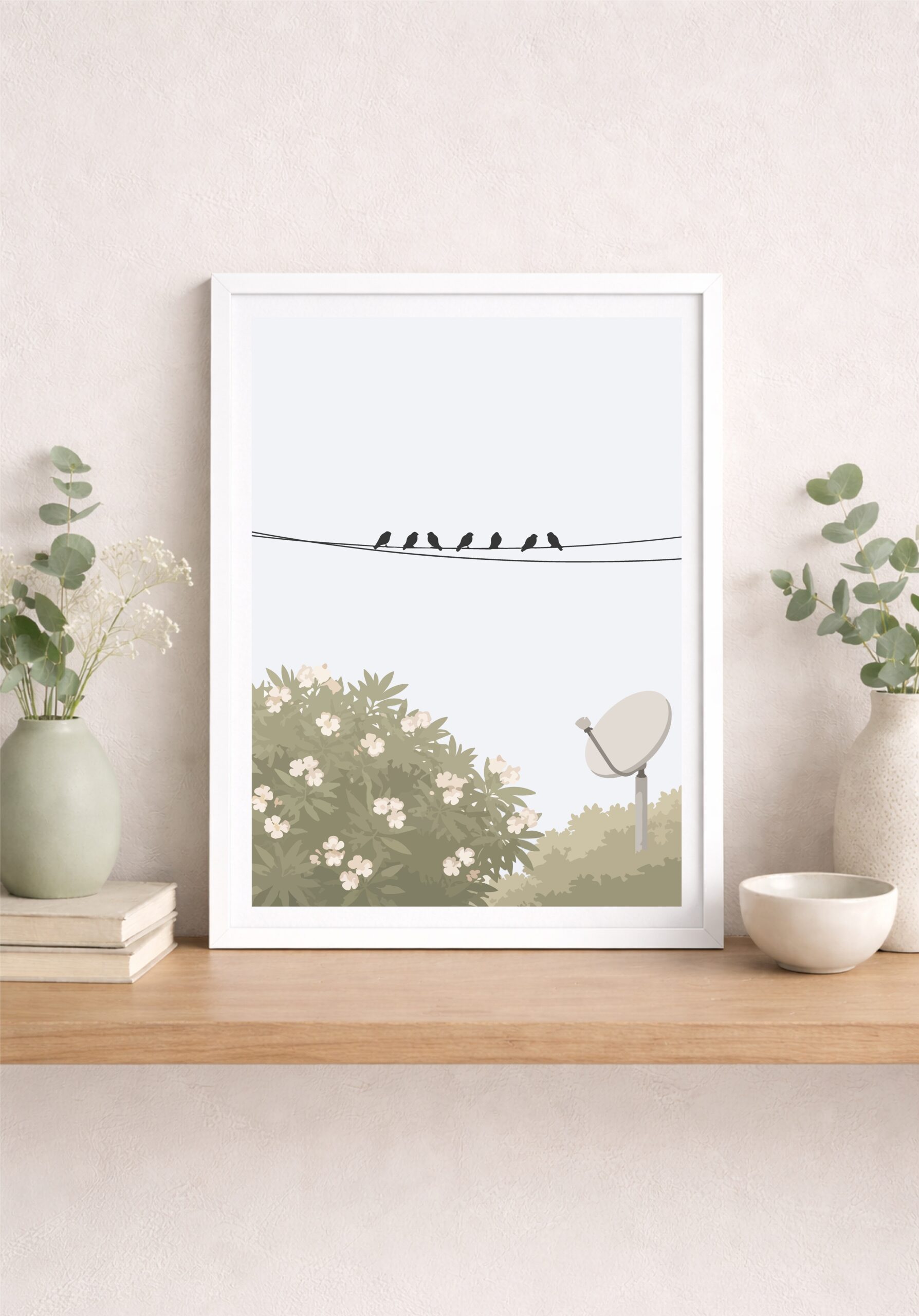 Posterset »small reminder« 13 Gebetsvögel auf einer Schnur, christliche Symbolik, minimalistisches Design, ruhige Atmosphäre.
