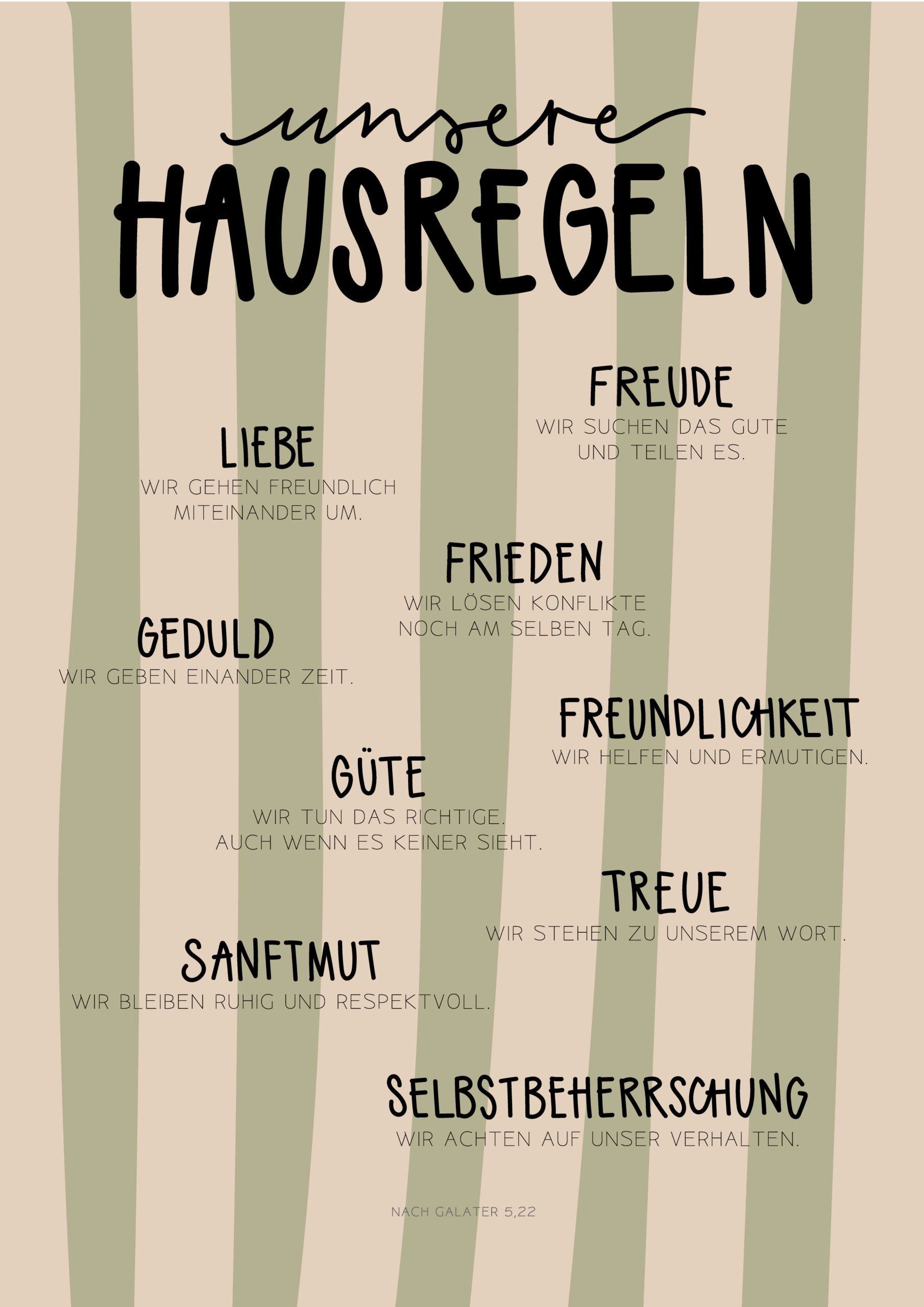 Poster »unsere Hausregeln« nach Galater 5,22 9 Liebe Hausregeln - christliche Werte für ein harmonisches Zuhause, Illustration.