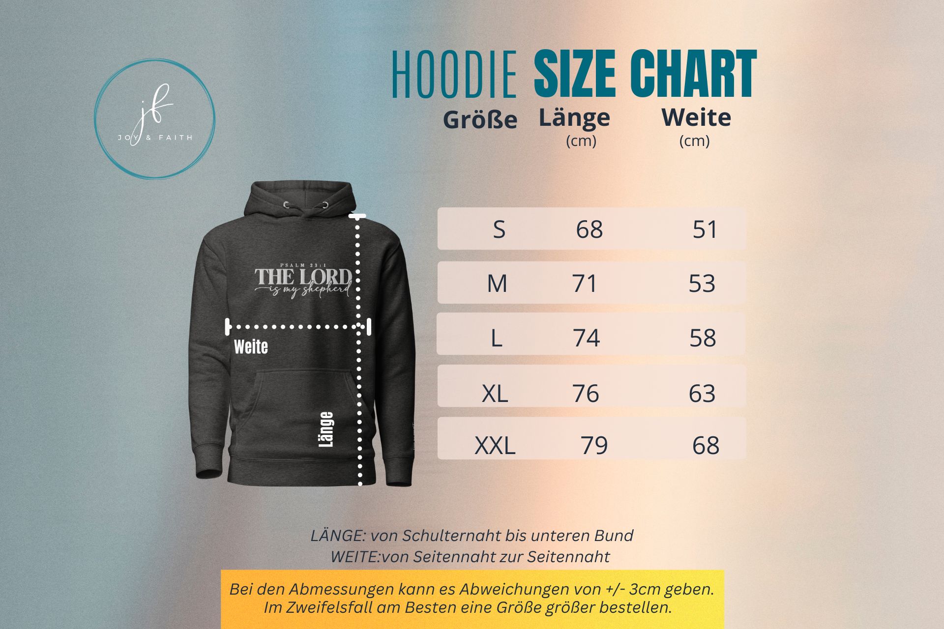 The Lord is my shepherd Psalm 23 bestickter Hoodie Unisex 17 Hoodie-Größentabelle für christliche Marken, Größenübersicht, Mookho.de.