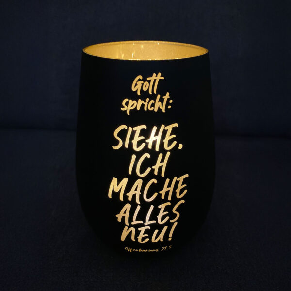 Sieh, ich mache alles neu! Kerze mit christlichem Spruch, Glaube, Hoffnung.