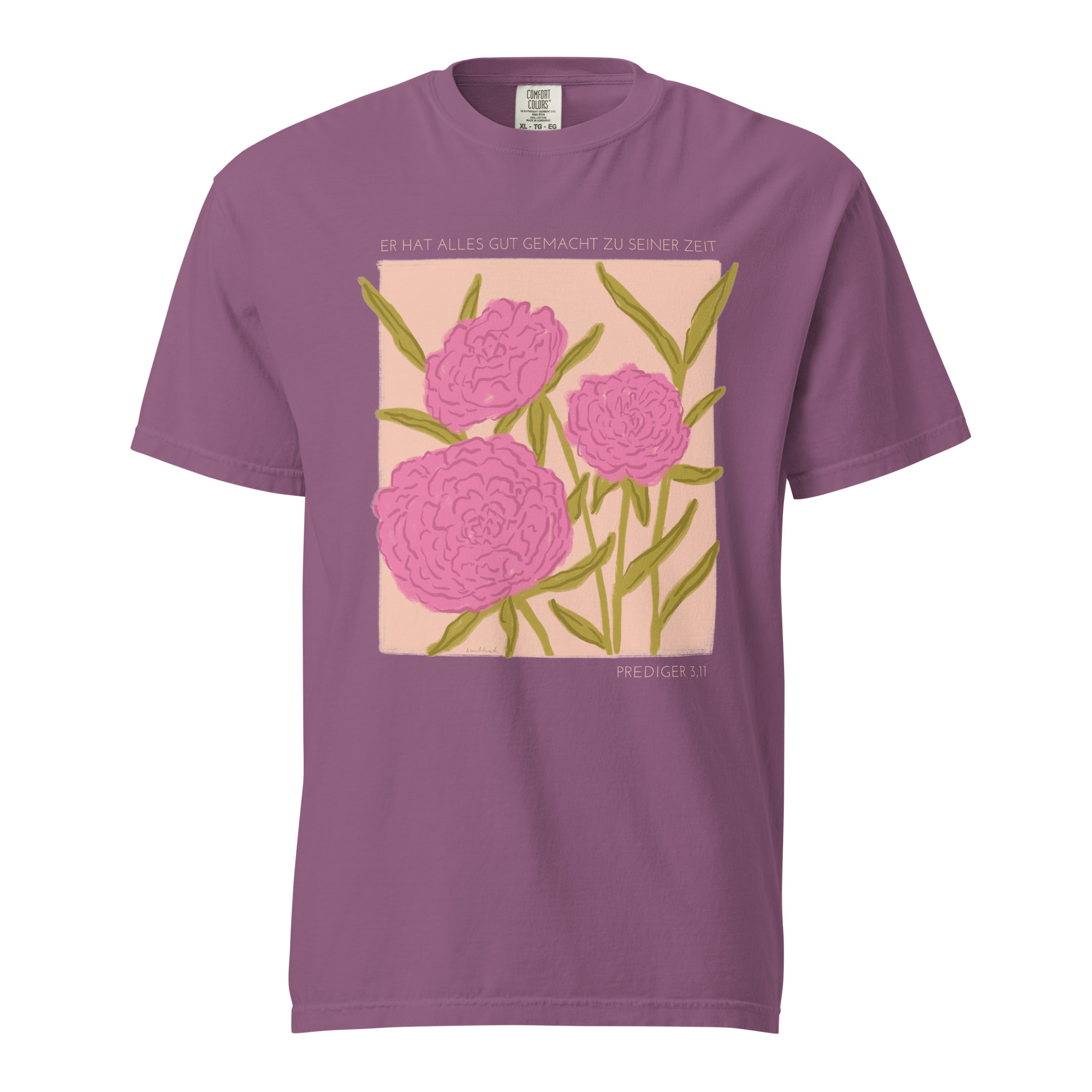Shirt - Er hat alles gut gemacht 11 Der Text, den Sie bereitgestellt haben, ist ein Bild eines lila T-Shirts mit einer Blumenillustratio.