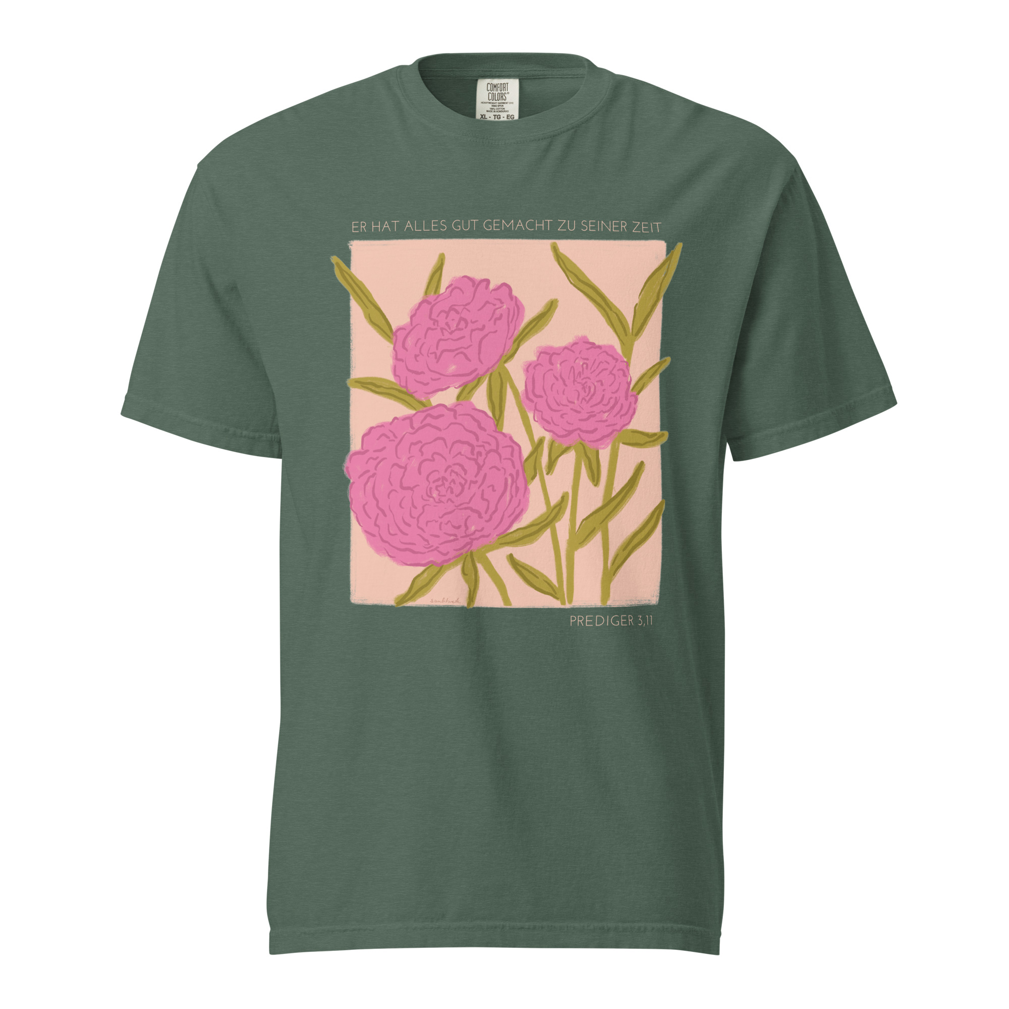 Shirt - Er hat alles gut gemacht 12 Gottestament T-Shirt mit pinken Blumen und christlichem Motiv, nachhaltige Mode.