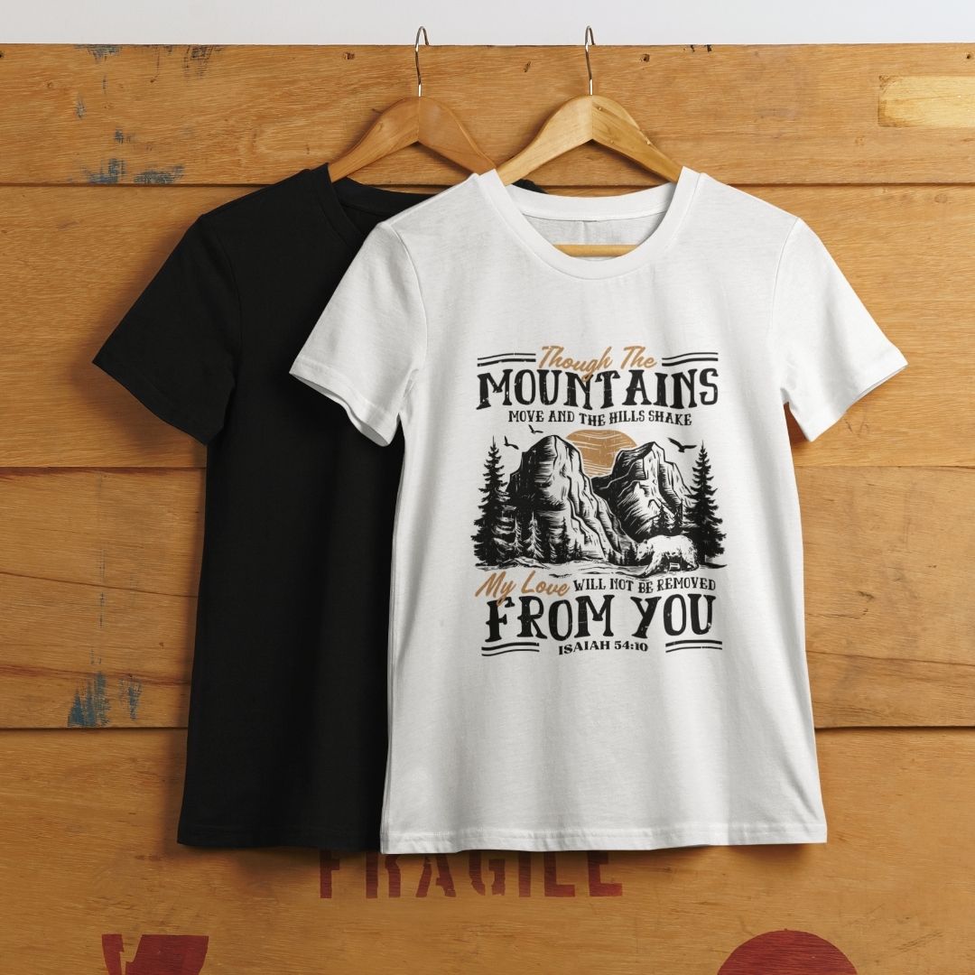 Though the Mountains Jesaja 54,10 T-Shirt Bio Baumwolle 13 Einheitliche T-Shirts mit biblischem Motiv und inspirierendem Spruch, christliche Mode.