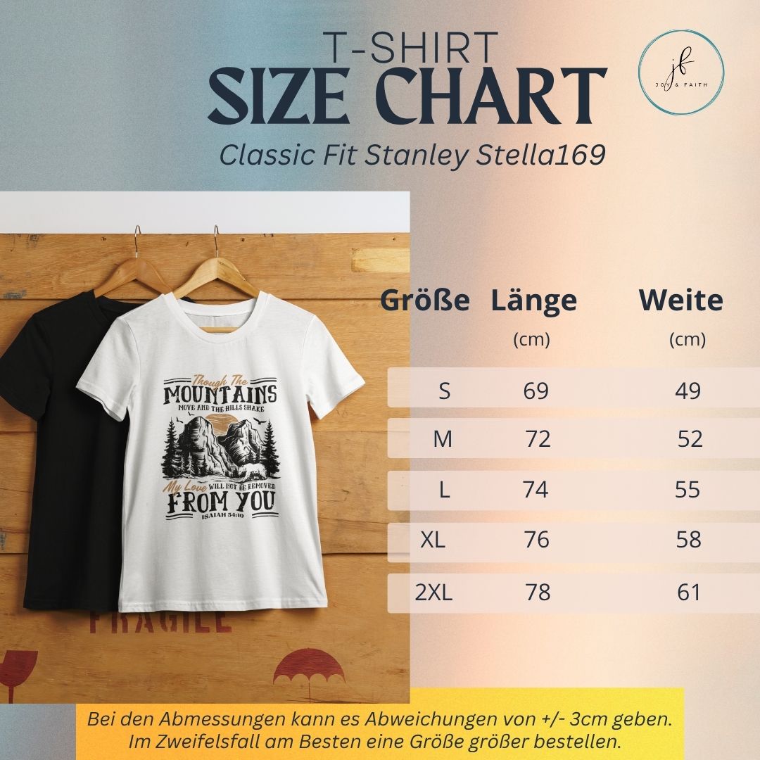 Though the Mountains Jesaja 54,10 T-Shirt Bio Baumwolle 15 Herren-T-Shirt mit Bergmotiv und Größenübersicht, klassischer Fit, Baumwolle.