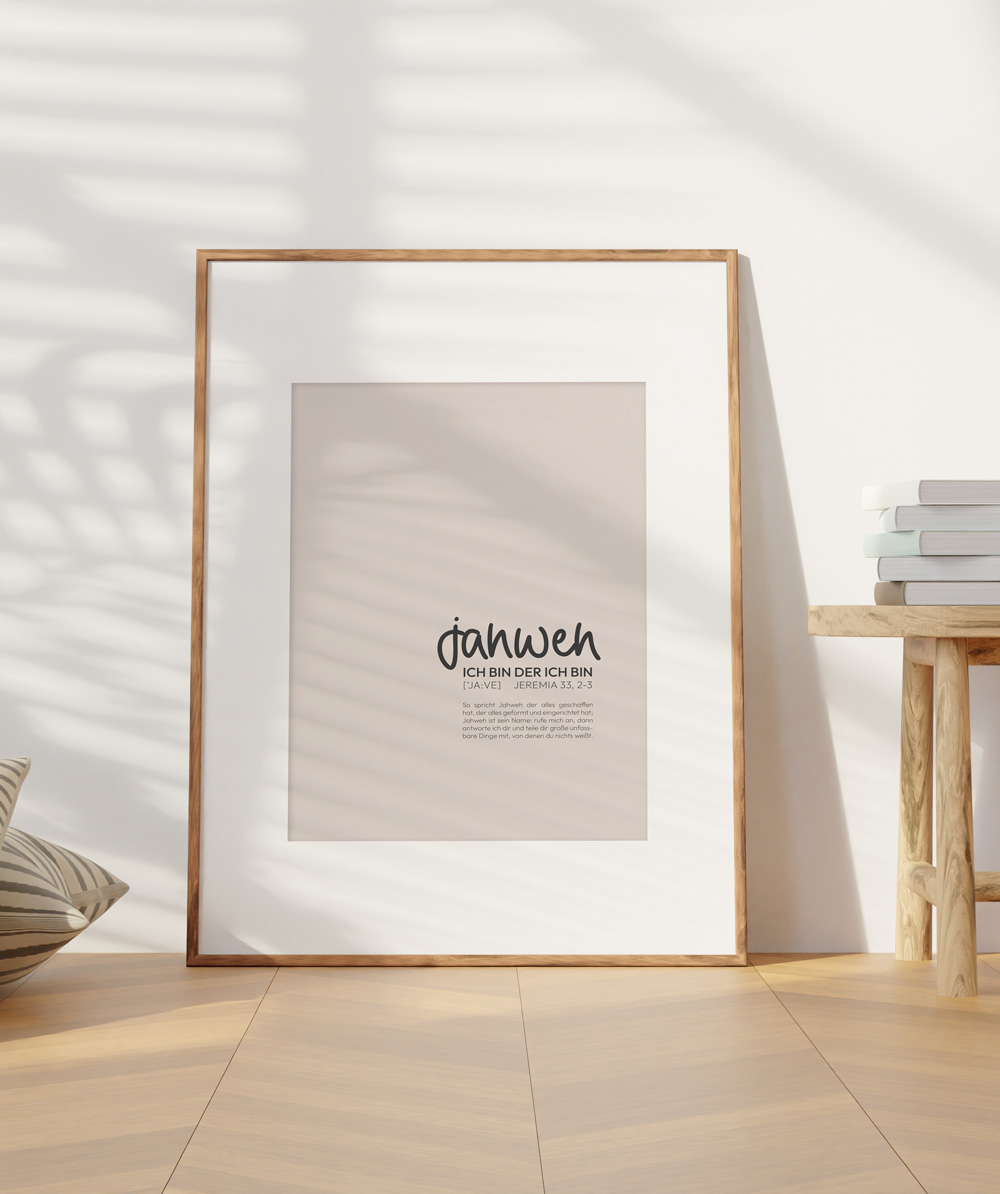 POSTER "NAMEN GOTTES" 15 Der christliche Kunstdruck mit Bibelvers in modernem Rahmen, dekoratives Wandbild.