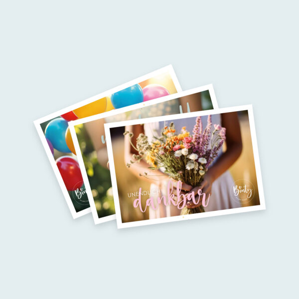 Blumenstrauß mit dem Wort 'Dankbar' auf einer Karte, christliche Geschenkidee.