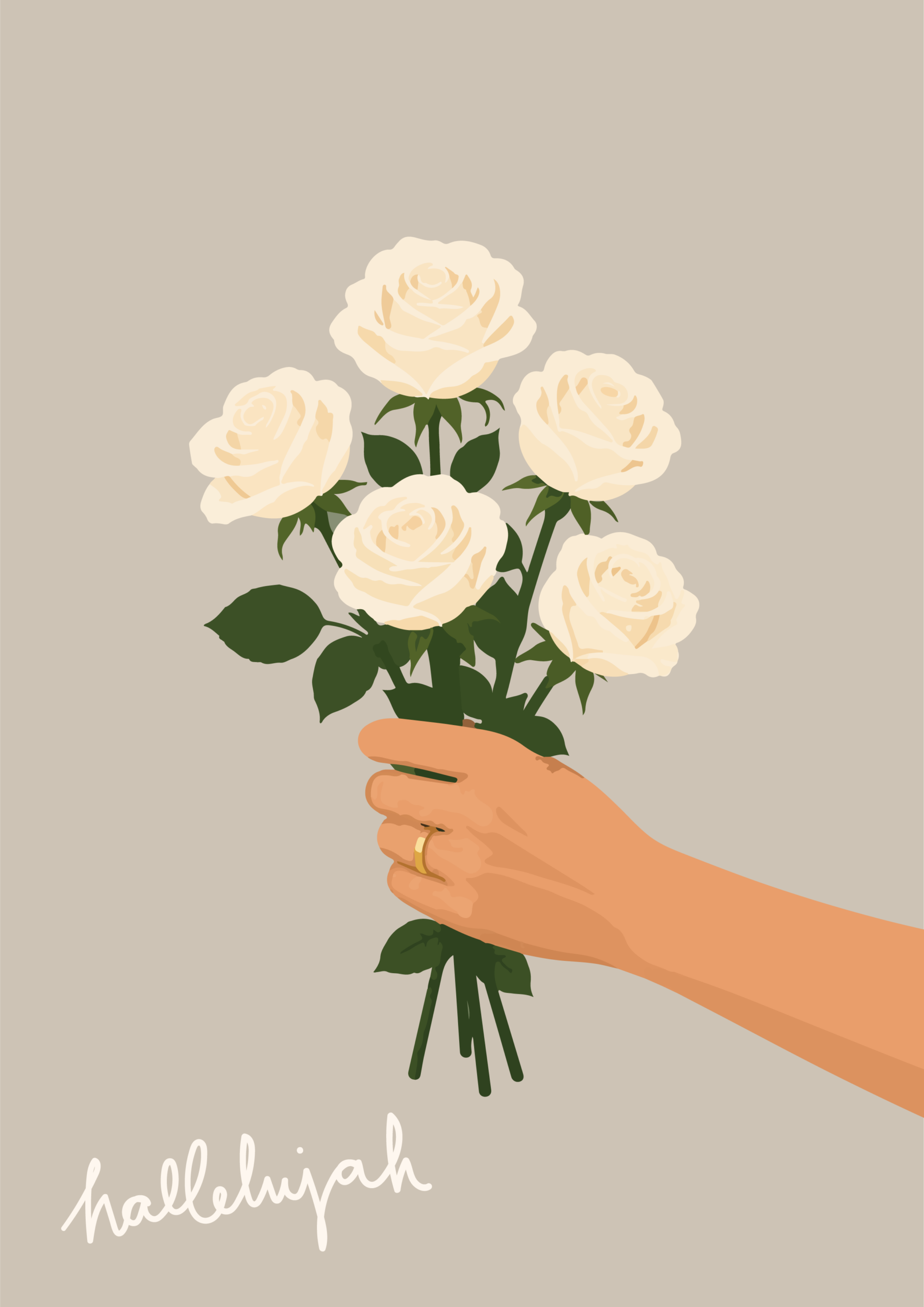 Poster »hallelujah« 6 Hand hält einen Blumenstrauß mit weißen Rosen und grünen Blättern.
