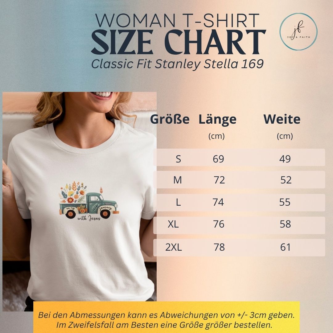 On my Journey with Jesus T-Shirt Bio Baumwolle 17 Einheitsgröße Damen T-Shirt mit Auto-Design, christliche Mode, Größenübersicht, bequem, stilvol.