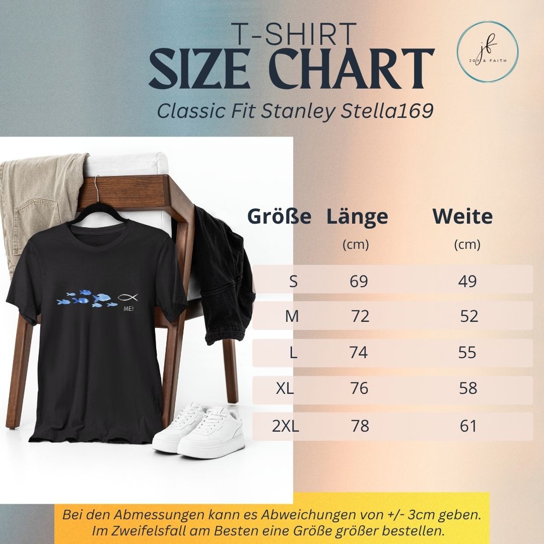 ME! gegen den Strom - aussagekräftiges T-Shirt Bio Baumwolle 14 T-Shirt Größentabelle mit klassischen Fit, Größen S bis 2XL, in Schwarz und Weiß.