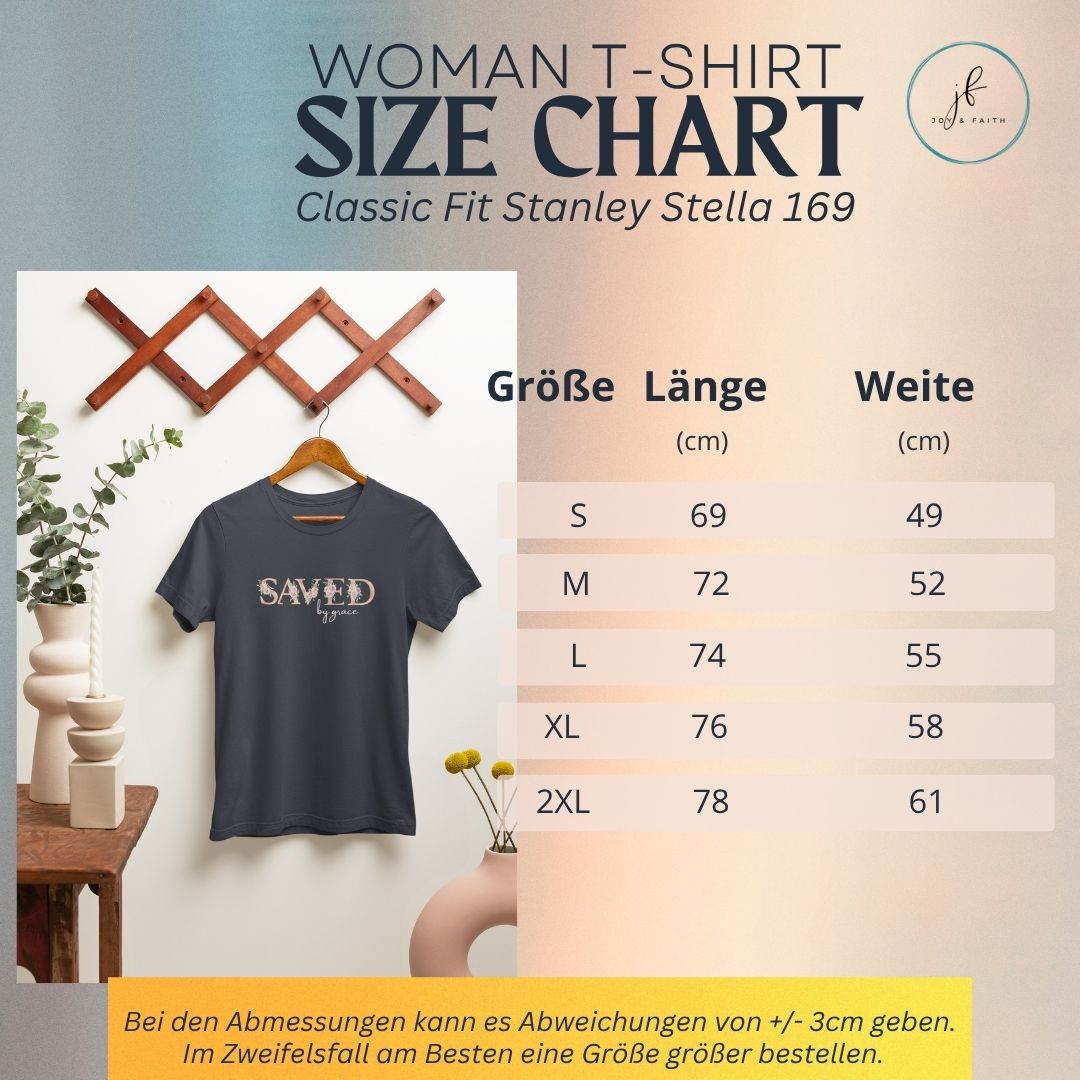 Saved by Grace - edles T-Shirt Bio Baumwolle 14 Süßes christliches T-Shirt für Frauen, Größen- und Längenübersicht, stilvoller Look.