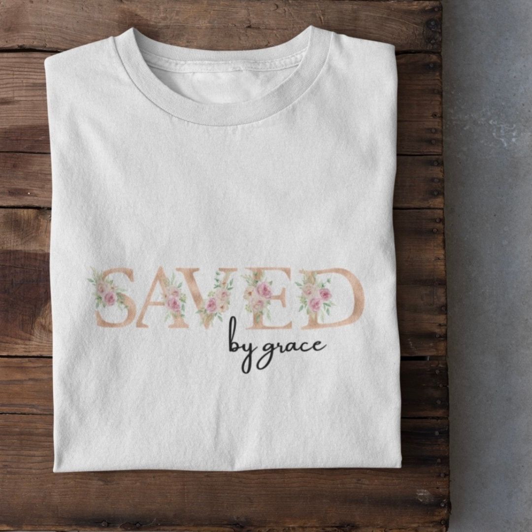 Saved by Grace - edles T-Shirt Bio Baumwolle 12 Gereinigtes T-Shirt mit "Gesegnet durch Gnade" Design, christliche Mode, religiöse Kleidung.