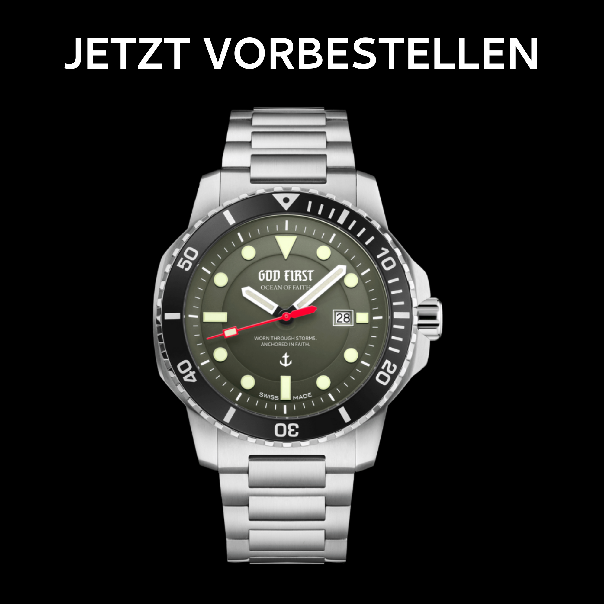 OCEAN OF FAITH - Schweizer Uhren inspiriert vom Glauben - Grünes Zifferblatt 1 Hochwertige christliche Taucheruhr mit Edelstahlarmband und Datum.