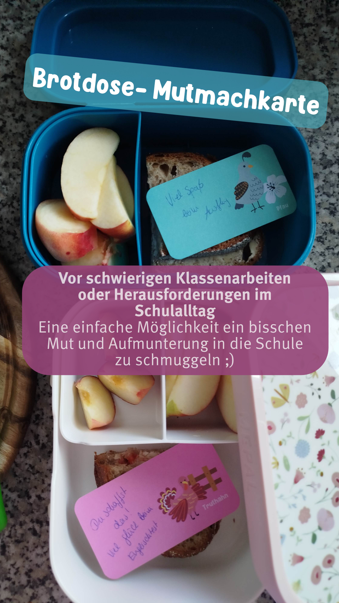Minikarten mit Bibelversen 17 Brotdose mit Mutmachkarten für Schüler bei Schulaufgaben und Herausforderungen.