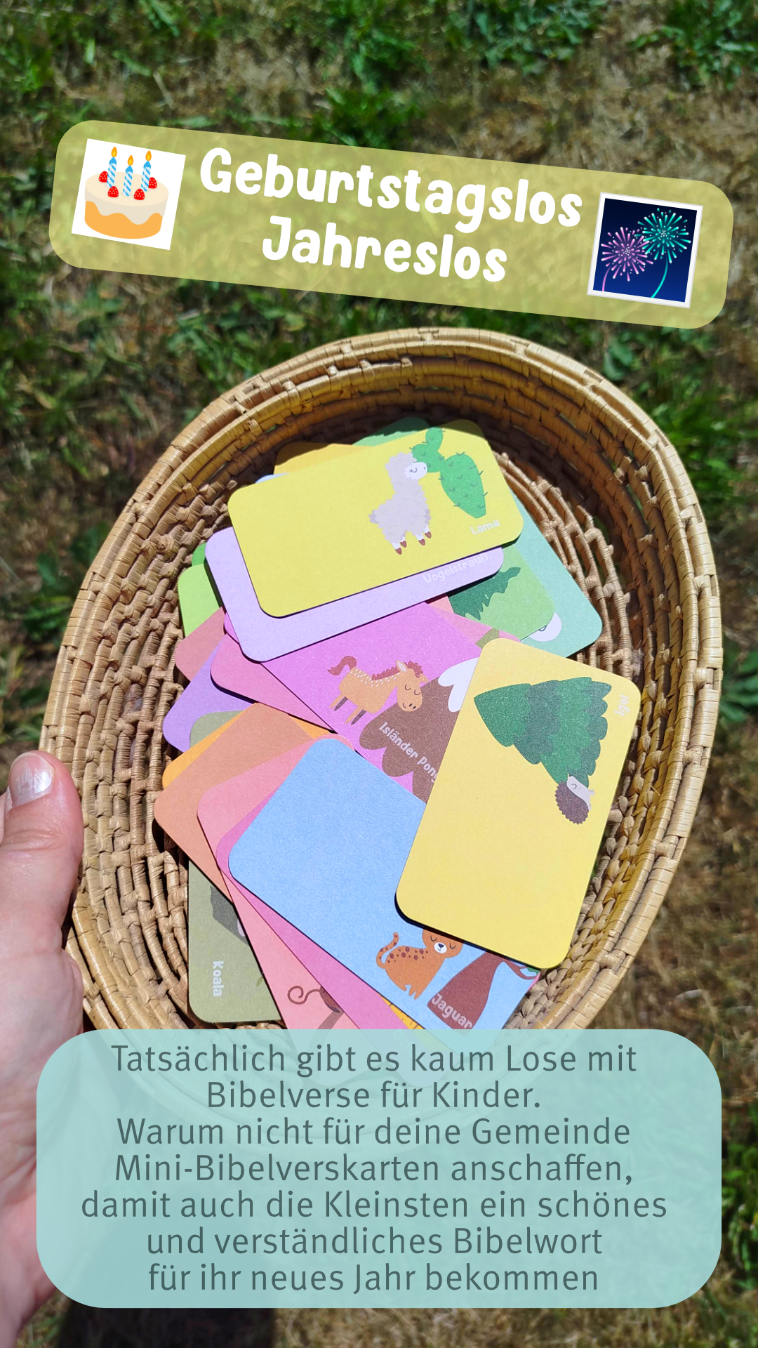 Minikarten mit Bibelversen 18 Bunte Bibel- und Kinderkarten in Korb mit Grußkarte für Kinder.