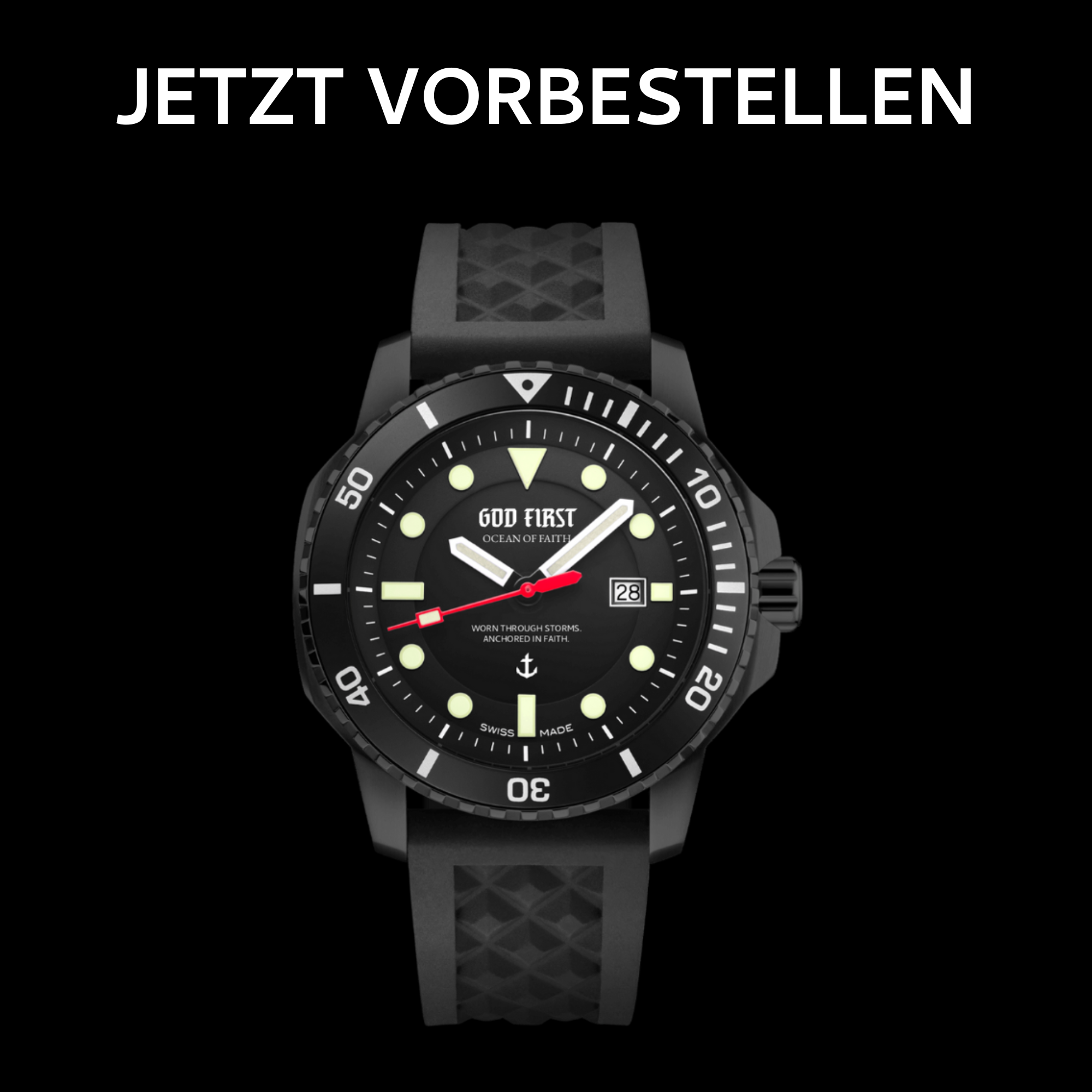 OCEAN OF FAITH - Schweizer Uhr inspiriert vom Glauben - All Black 1 Christlicher Taucheruhr mit schwarzem Zifferblatt und Luminous-Zeigern.