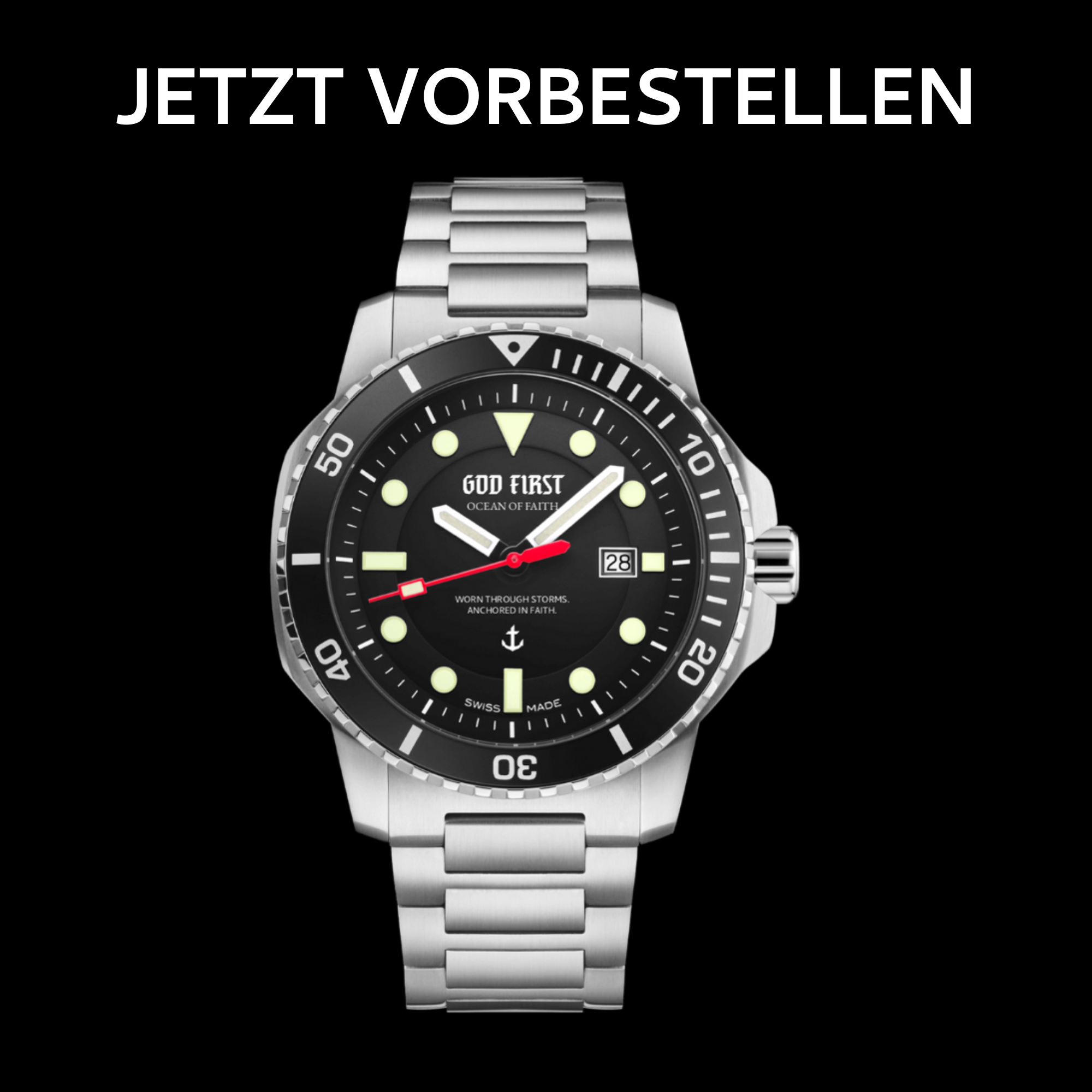 OCEAN OF FAITH - Schweizer Uhr inspiriert vom Glauben - Schwarz Edelstahl 1 Hochwertige christliche Taucheruhr mit Edelstahlarmband und Datum.