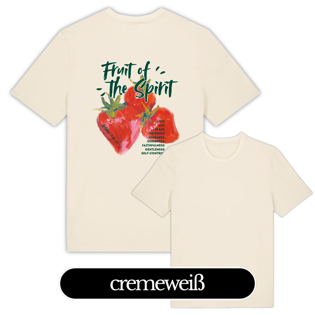 FRUIT OF THE SPIRIT – Christliches T-Shirt mit Erdbeeren | Galater 5,22-23 13 Weißes T-Shirt mit Frucht- und Geist-Design, christliche Botschaft, für Glauben und Spiritualität.