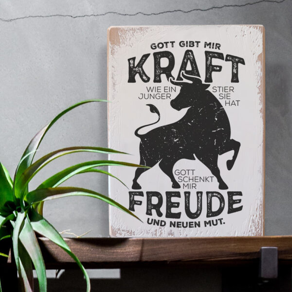 Christliches Wandbild mit Zitat über Kraft, Freude und Mut.