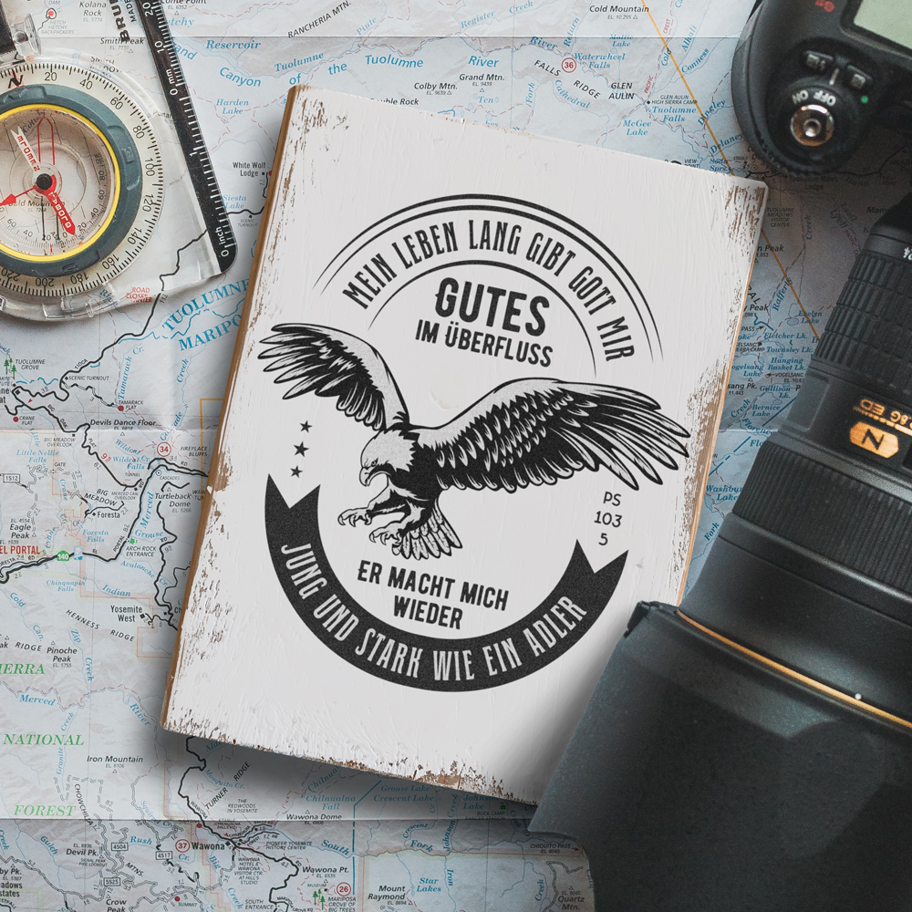 Dekoschild "Adler" 1 Inspirierendes christliches Buch mit Adler auf Weltkarte, für Glauben und Reise.
