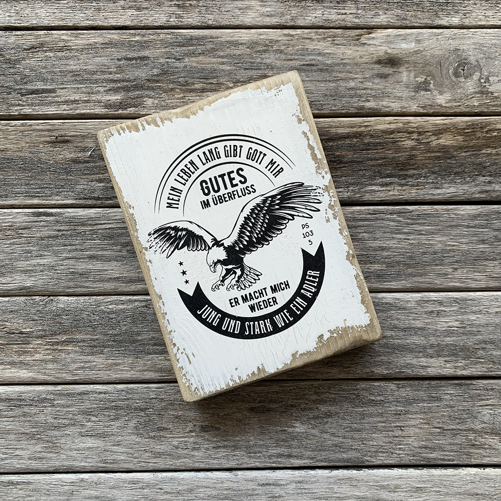 Dekoschild "Adler" 2 Motivierendes christliches Zitat mit Adler auf Holzbrett, Glaube und Hoffnung.