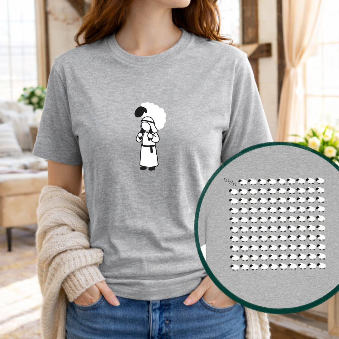 DAS VERLORENE SCHAF – Christliches T-Shirt | Lukas 15,4-6 14 Graues T-Shirt mit christlichem Schäfchen-Design und Bibelvers, nachhaltige Mode.