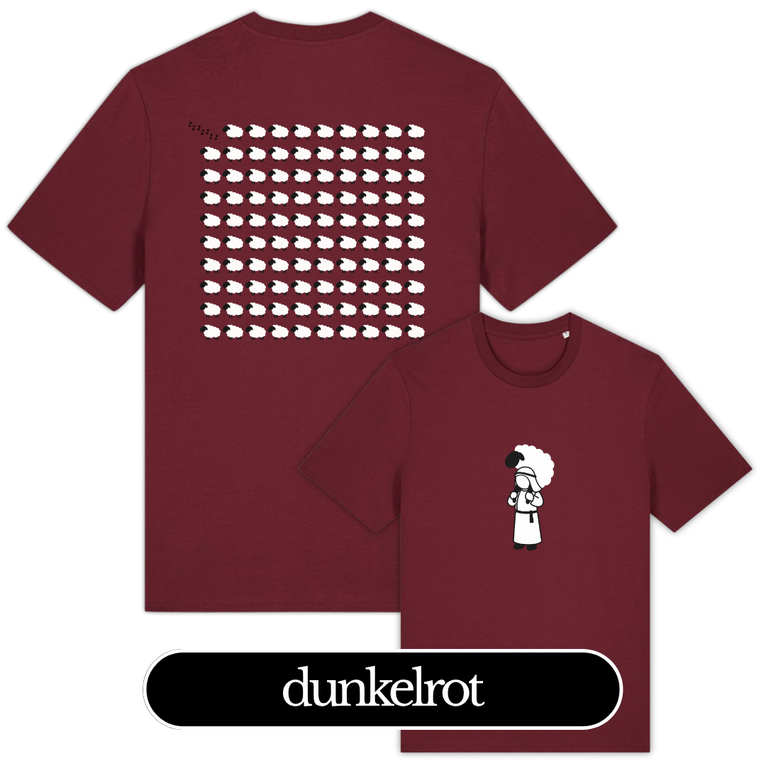 DAS VERLORENE SCHAF – Christliches T-Shirt | Lukas 15,4-6 15 Dunkelrote T-Shirt mit christlichem Design und Bibelvers, ideal für christliche Marken.