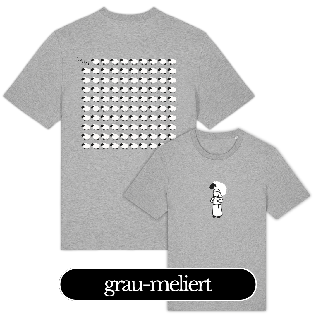 DAS VERLORENE SCHAF – Christliches T-Shirt | Lukas 15,4-6 16 Graues T-Shirt mit christlichem Motiv und Logo 'grau-meliert'.