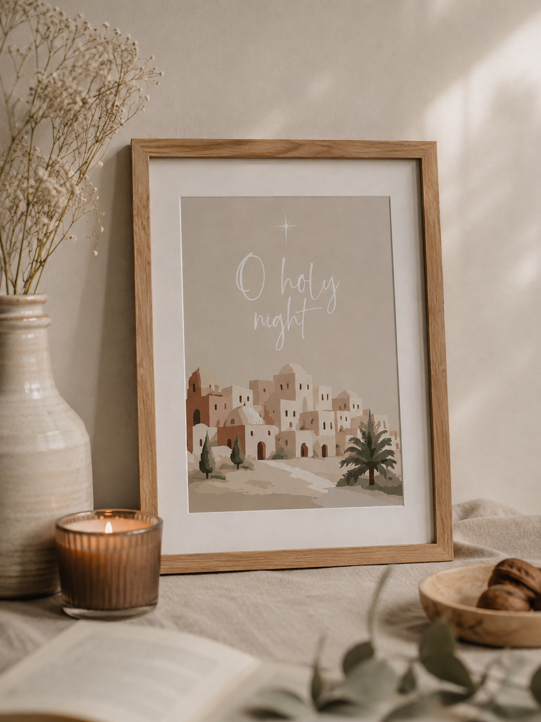 Weihnachtsposter 12 Christliches Wandbild mit Stadtansicht und der Aufschrift 'O holy night' in Holzrahmen.
