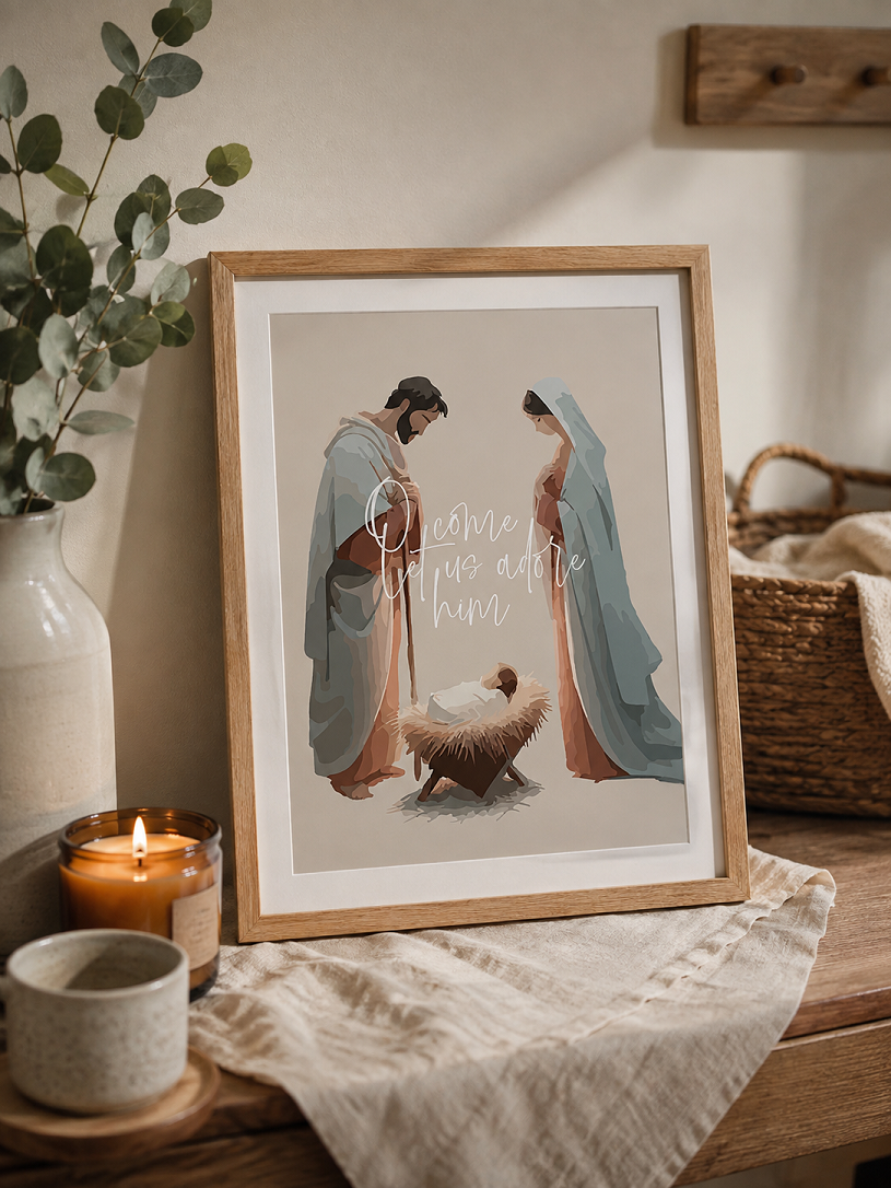 Weihnachtsposter 11 Christliche Weihnachtskrippe mit Maria, Josef und Jesus in Holzrahmen.