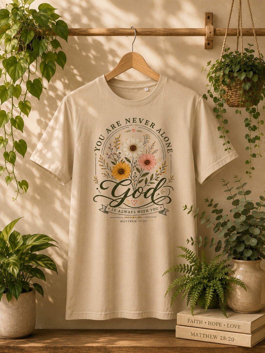 Christliches T-Shirt mit Bibelvers Matthäus 28:20 und Blumenmotiv, Gebets- und Glaubenssymbol.