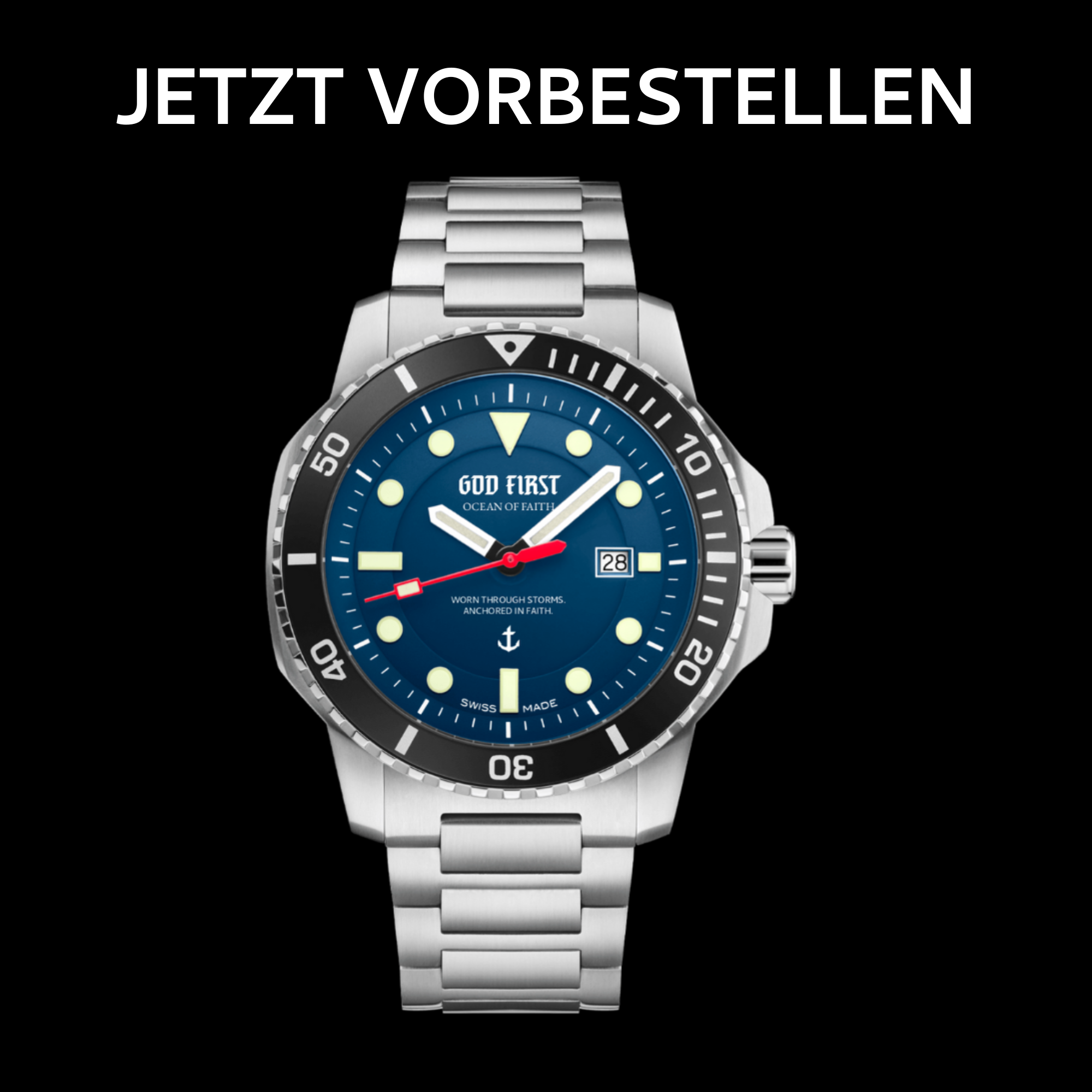 OCEAN OF FAITH - Schweizer Uhren inspiriert vom Glauben - Blau Edelstahl 1 Christlicher Taucheruhr mit blauer Lünette und Edelstahlarmband, jetzt vorbestellen.