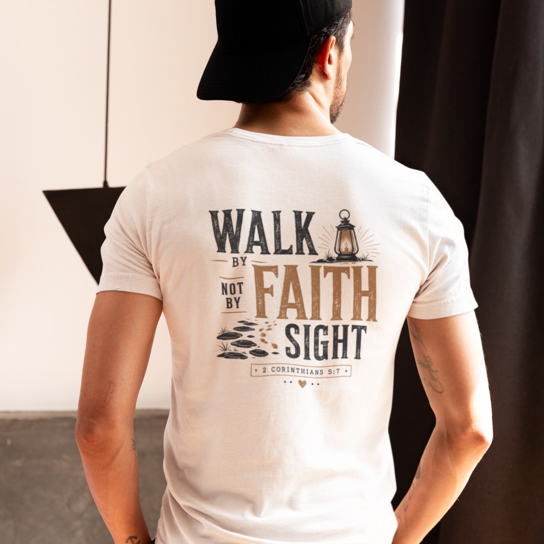 Walk by faith, not by sight Bio Baumwolle T-Shirt 13 Motivierendes christliches T-Shirt mit Bibelvers 2. Korinther 5,7.