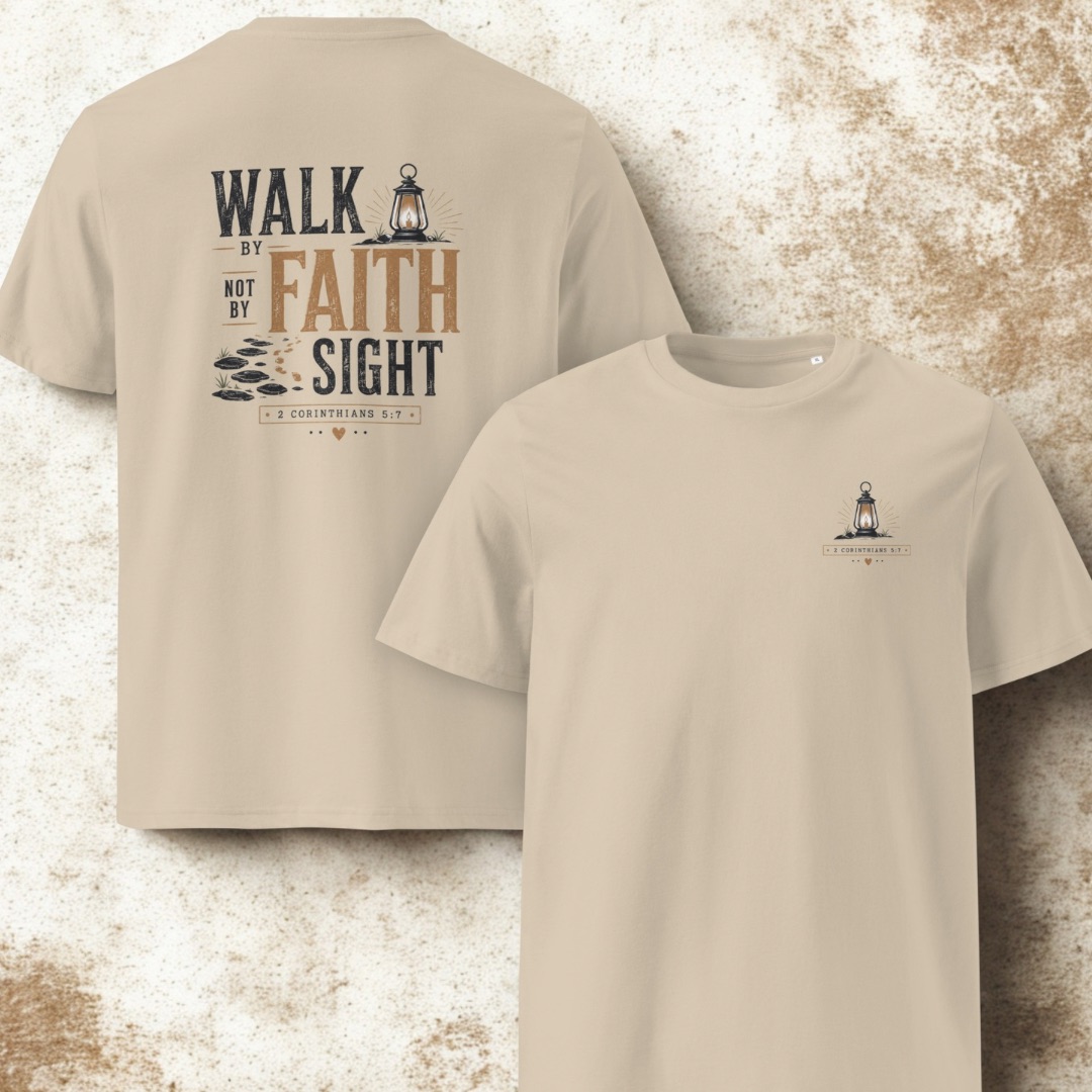 Walk by faith, not by sight Bio Baumwolle T-Shirt 14 Beige T-Shirt mit Bibelvers 2 Korinther 5,7 und Laternenmotiv für Christen.